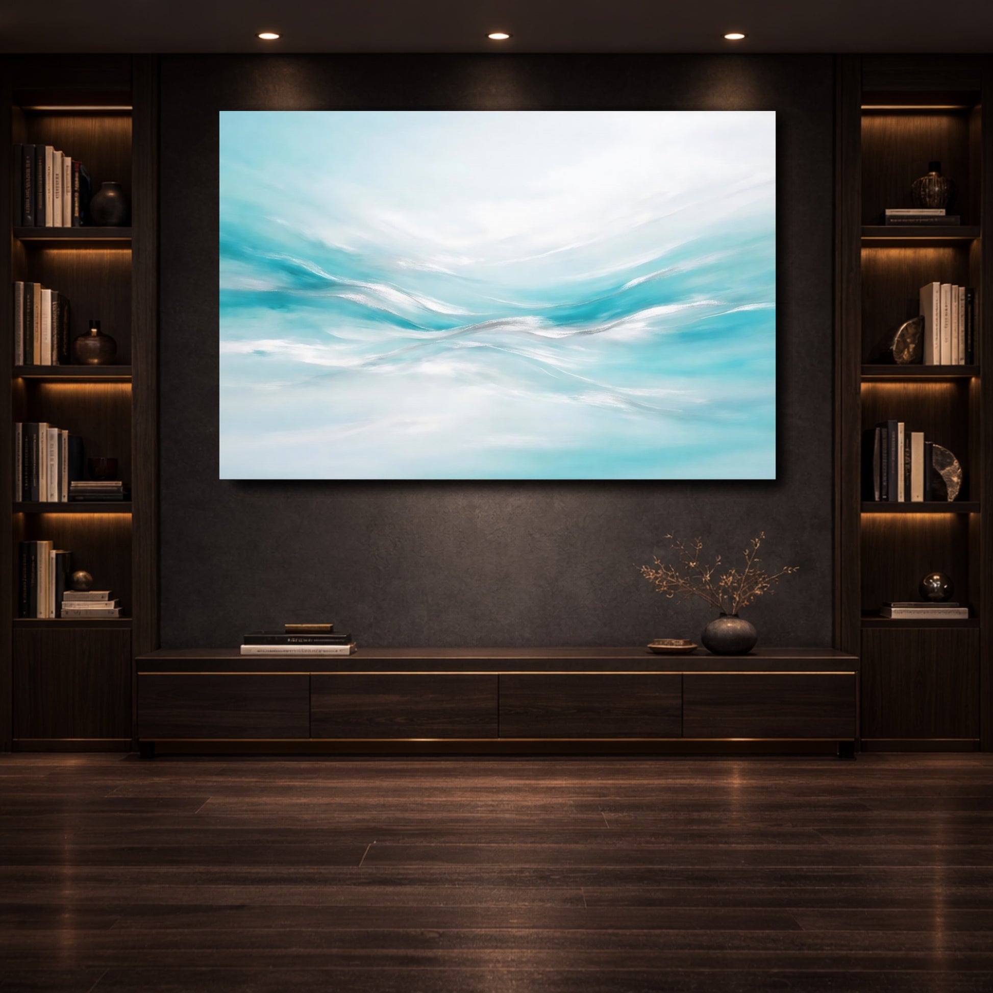 Mockup 3. Nature Abstract Waves Aqua And Silver shown as stretched canvas wall art