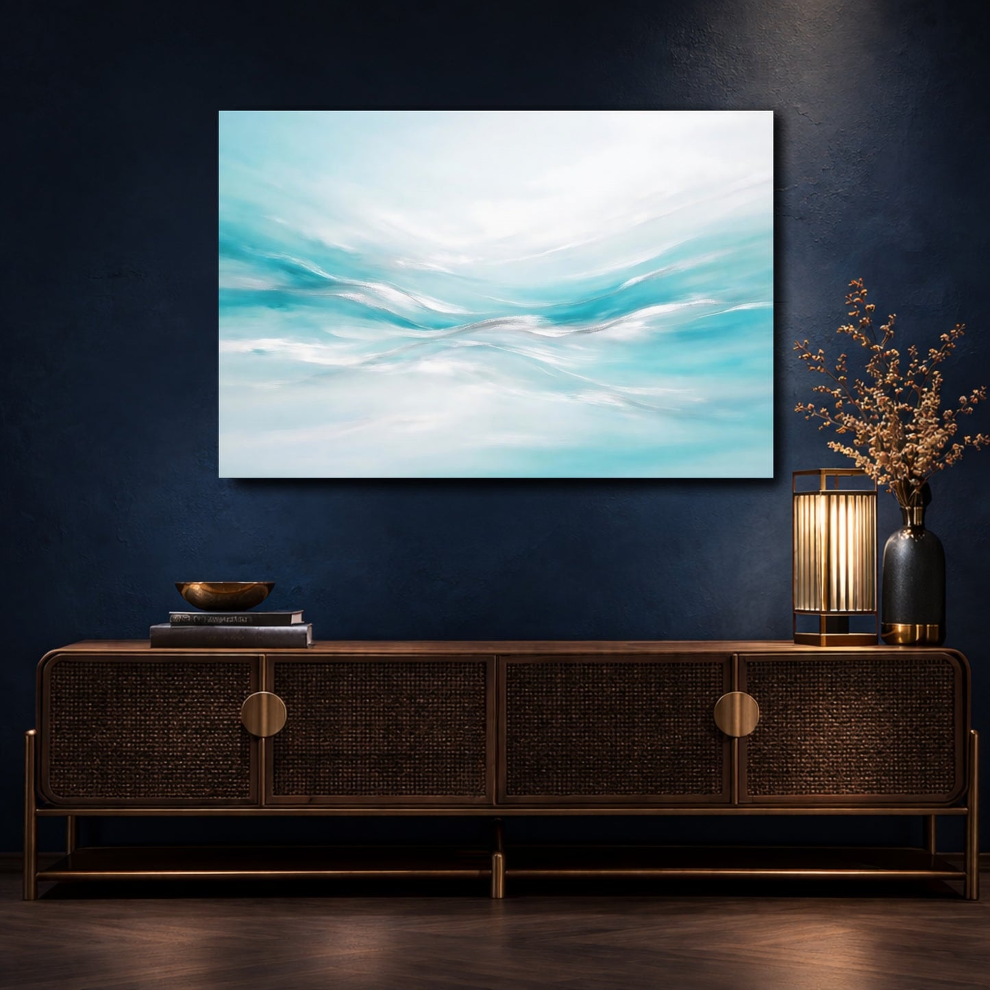 Mockup 4. Nature Abstract Waves Aqua And Silver shown as stretched canvas wall art