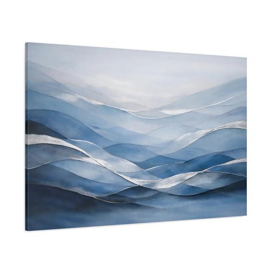 Main Mockup. Nature Abstract Waves Blue And Silver shown as stretched canvas wall art