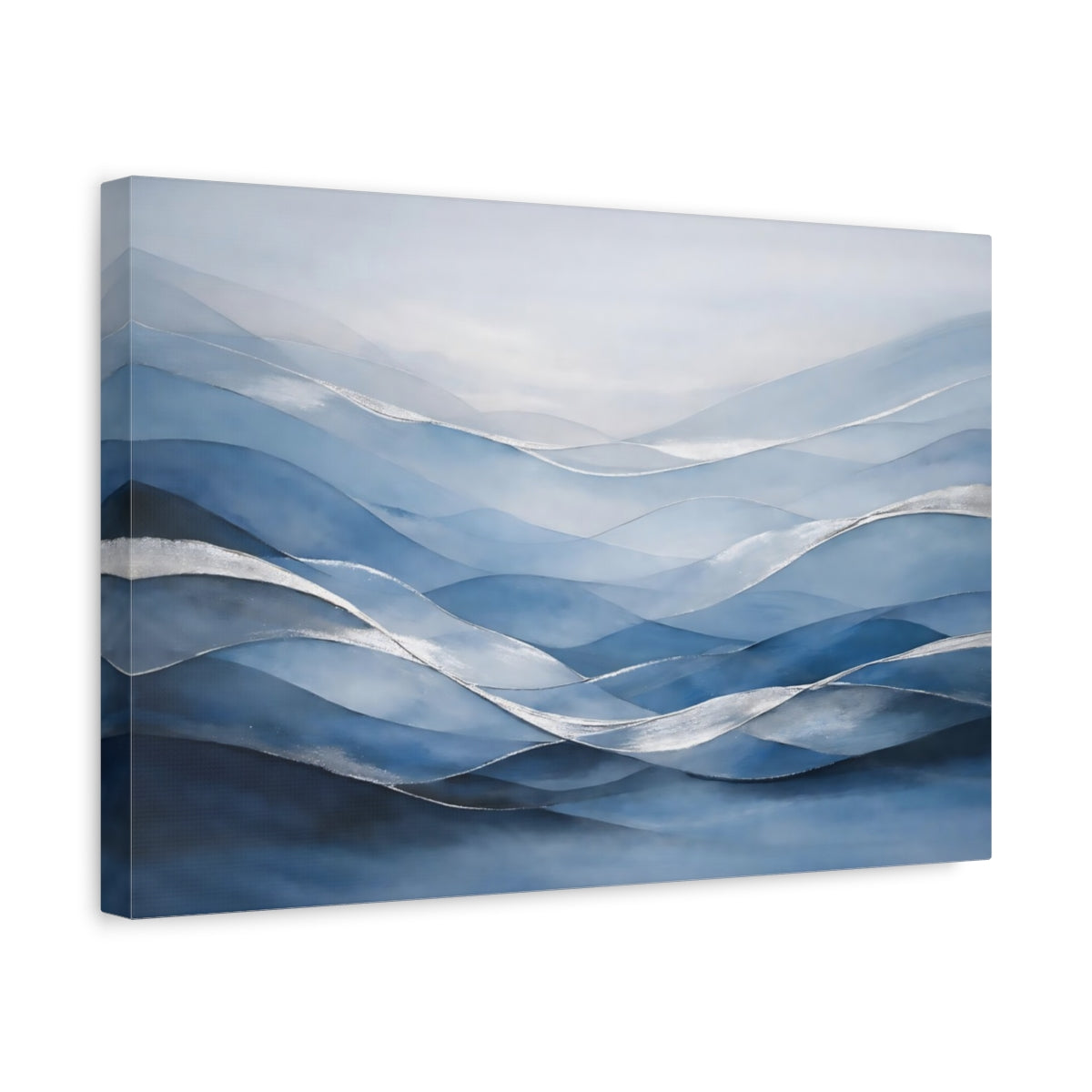 Side Mockup 4. Nature Abstract Waves Blue And Silver shown as stretched canvas wall art