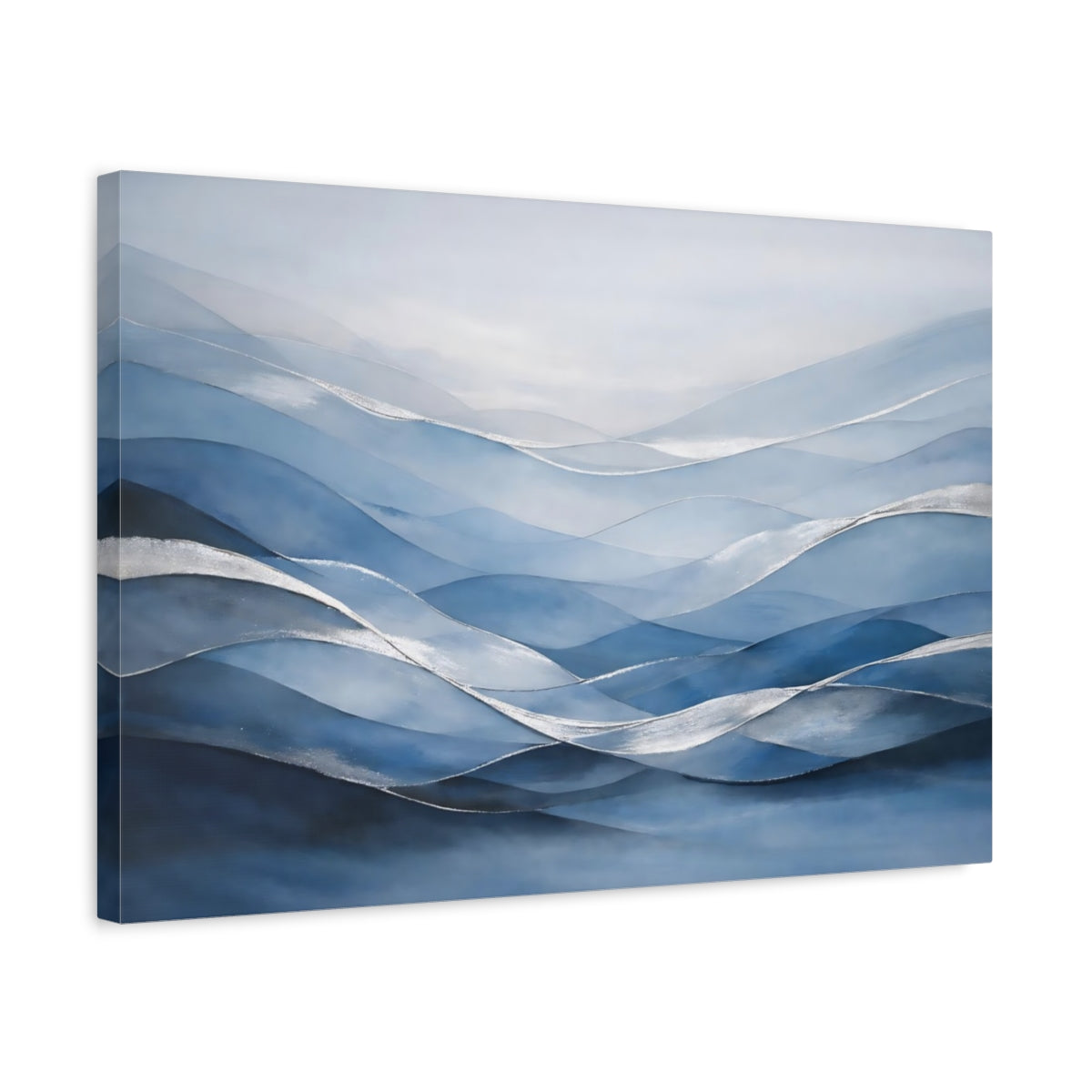 Side Mockup 3. Nature Abstract Waves Blue And Silver shown as stretched canvas wall art