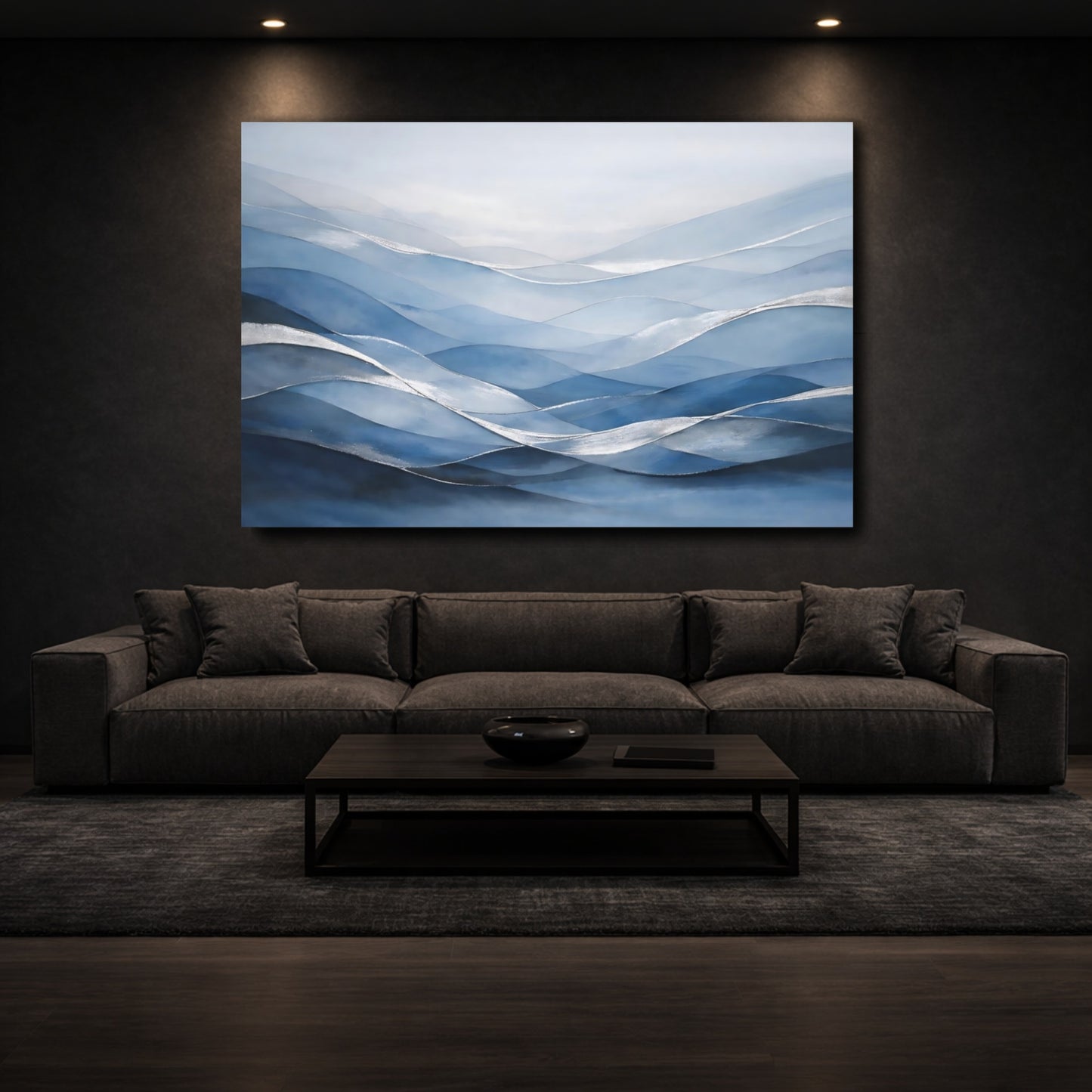 Mockup 2. Nature Abstract Waves Blue And Silver shown as stretched canvas wall art