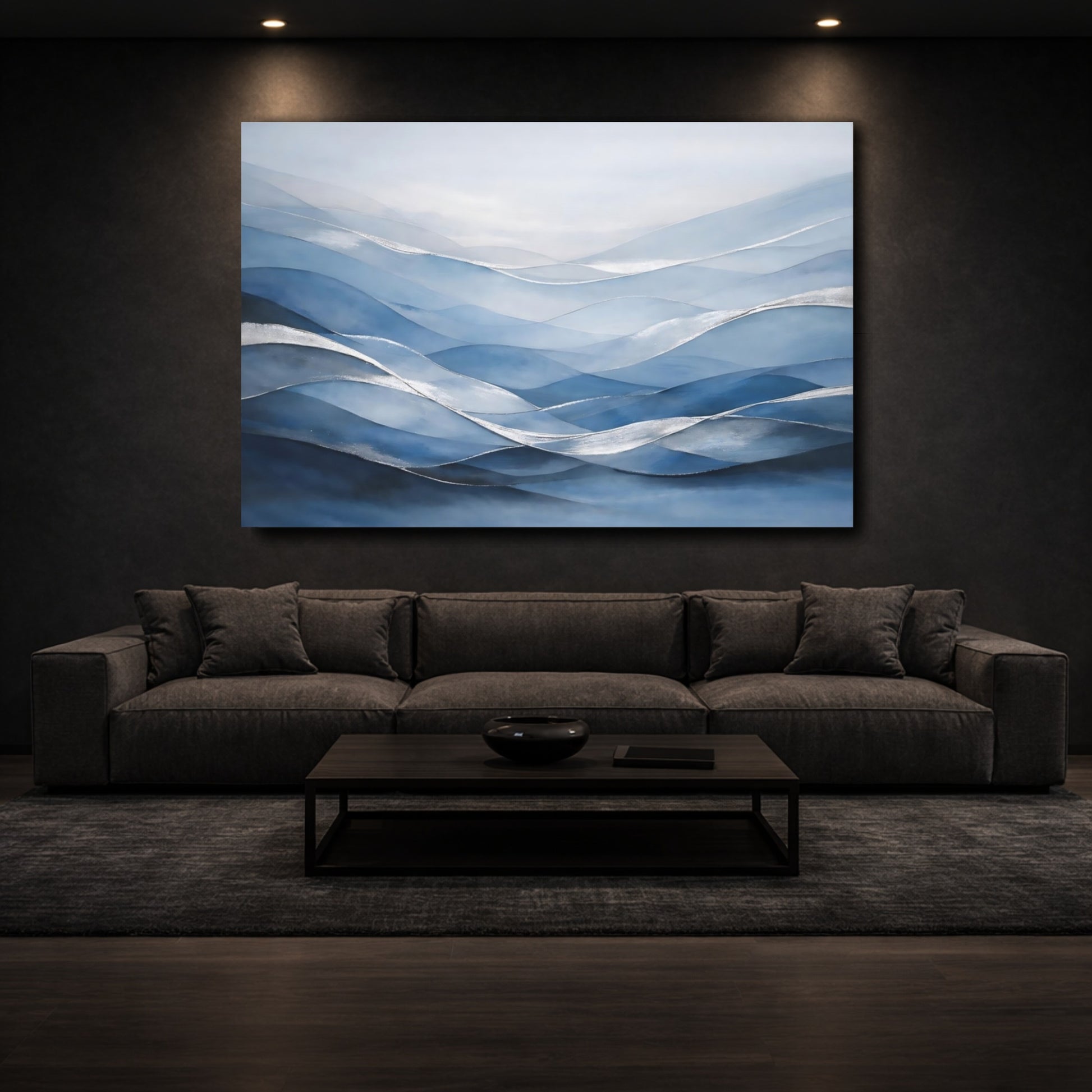 Mockup 2. Nature Abstract Waves Blue And Silver shown as stretched canvas wall art