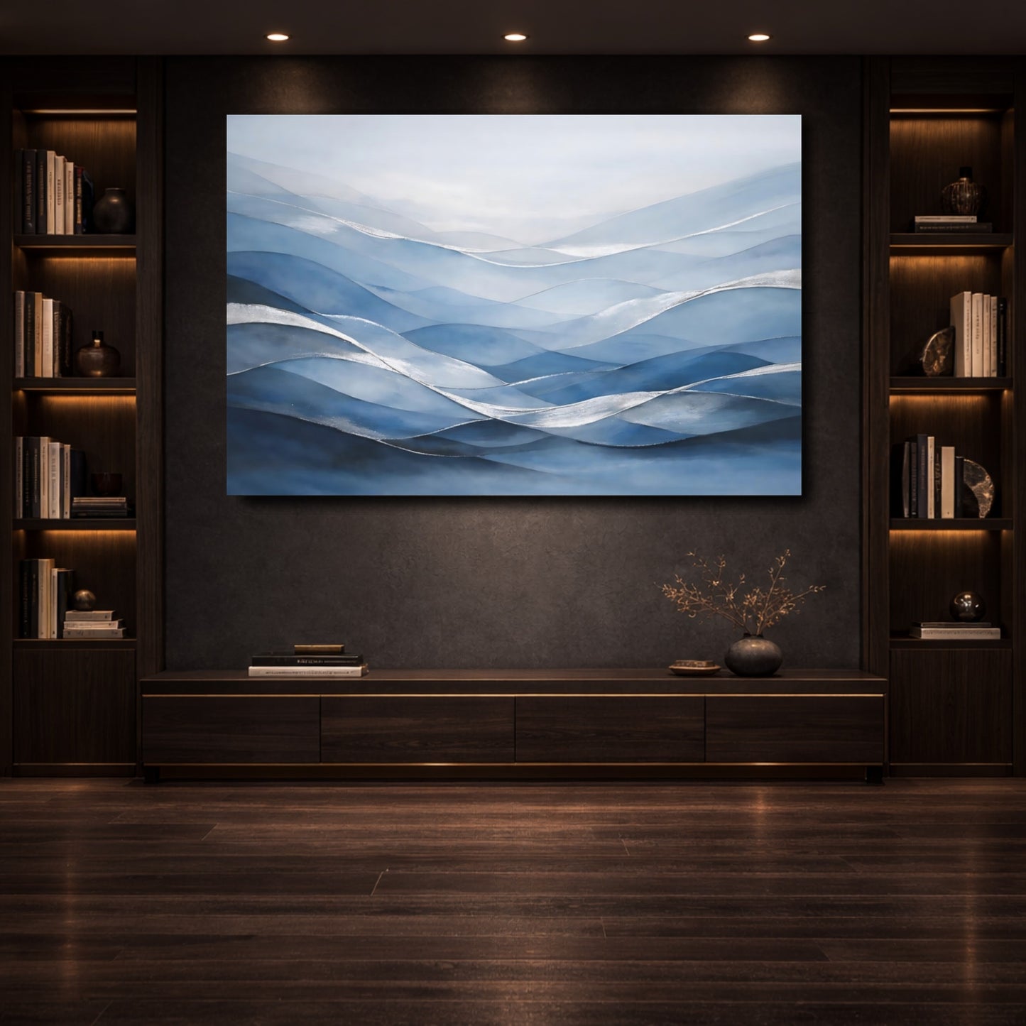Mockup 3. Nature Abstract Waves Blue And Silver shown as stretched canvas wall art
