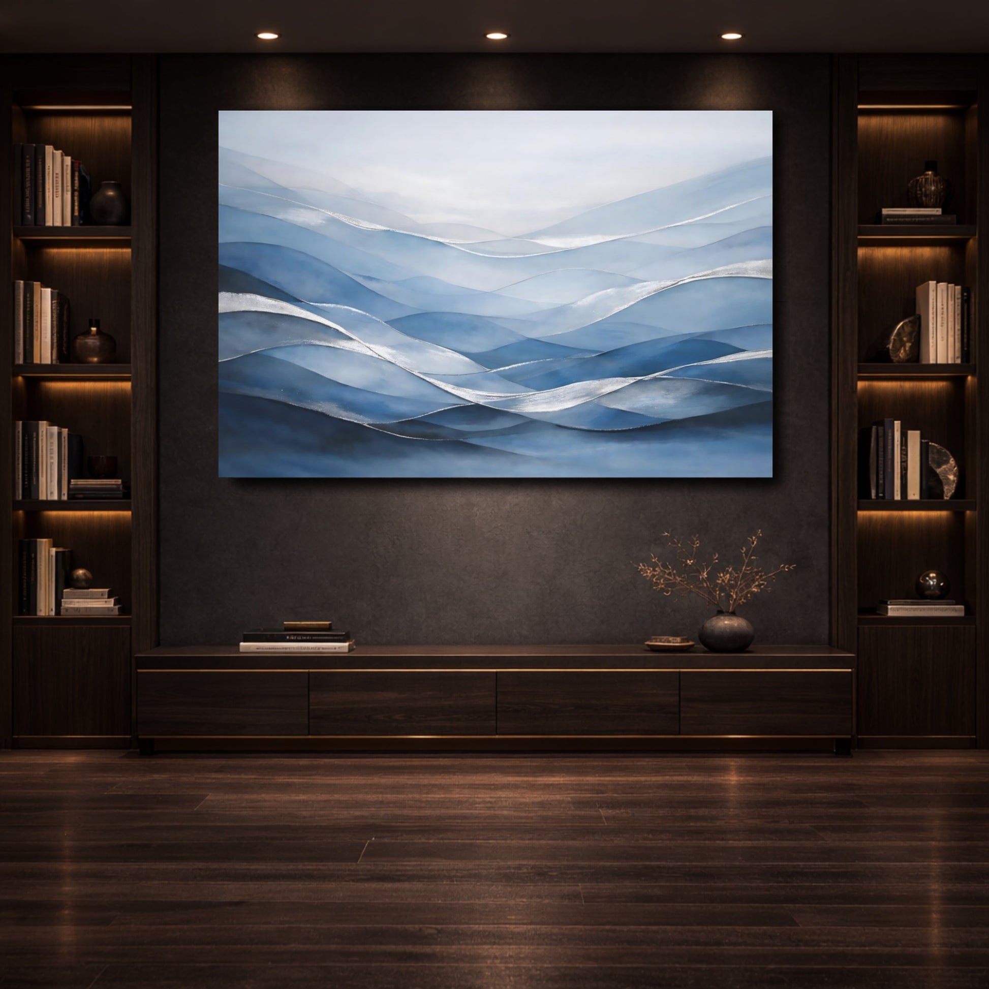 Mockup 3. Nature Abstract Waves Blue And Silver shown as stretched canvas wall art