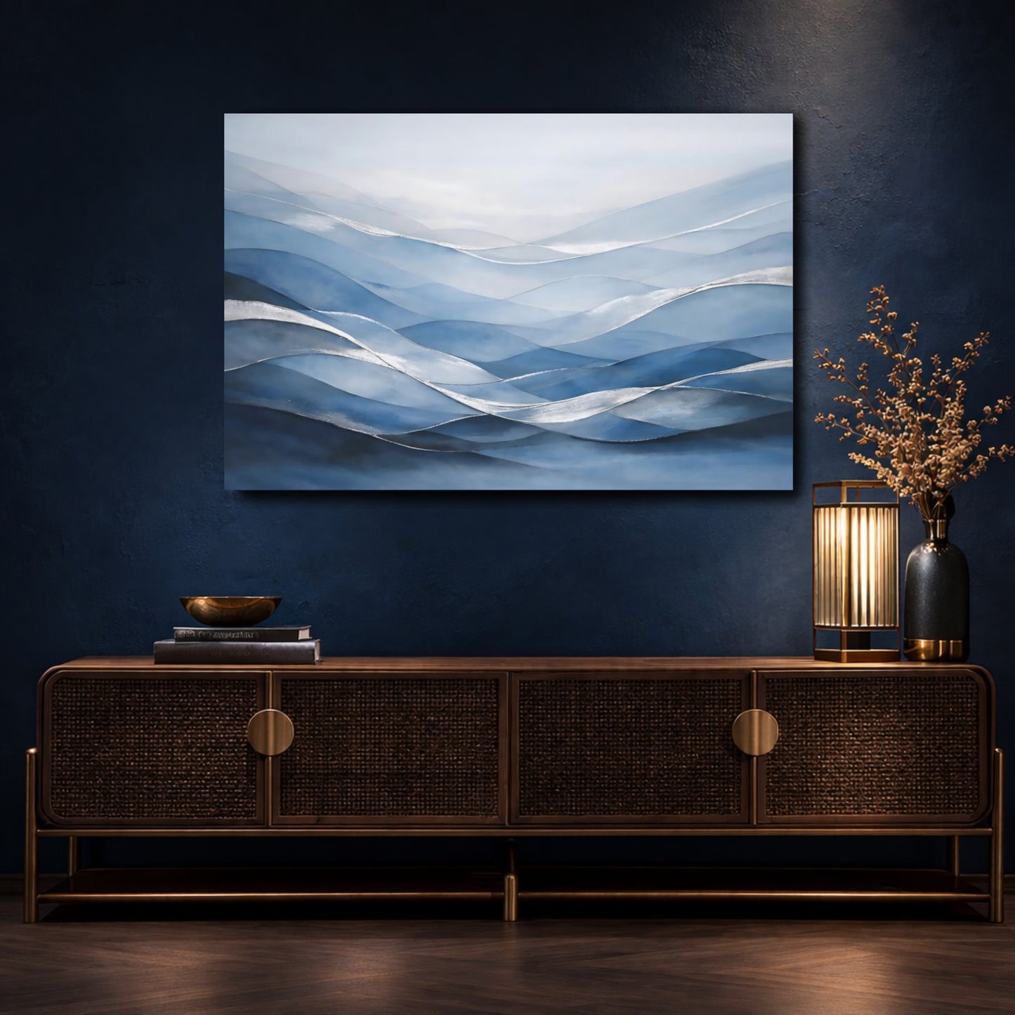 Mockup 4. Nature Abstract Waves Blue And Silver shown as stretched canvas wall art