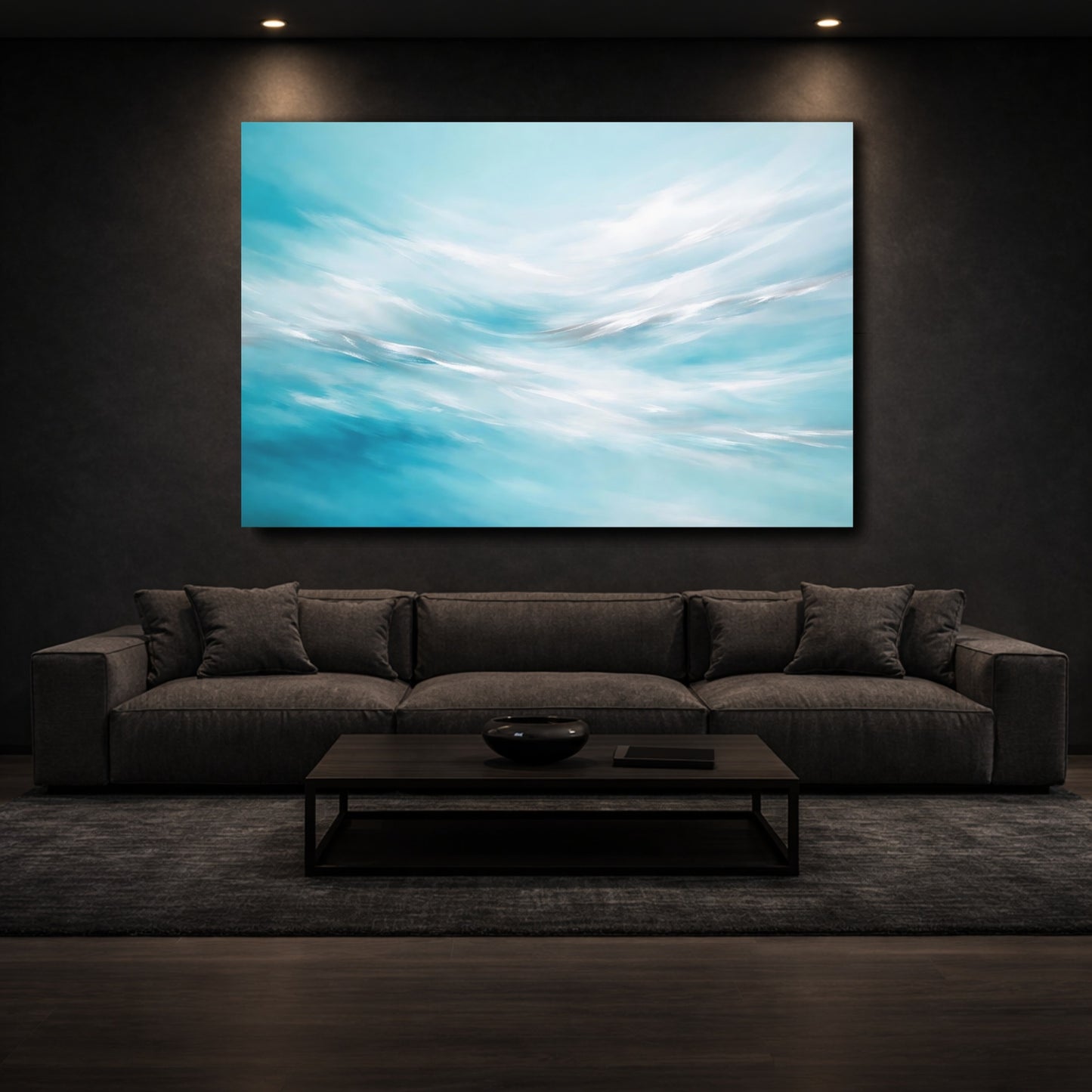 Mockup 2. Nature Abstract Waves Blue And White Abstract shown as stretched canvas wall art