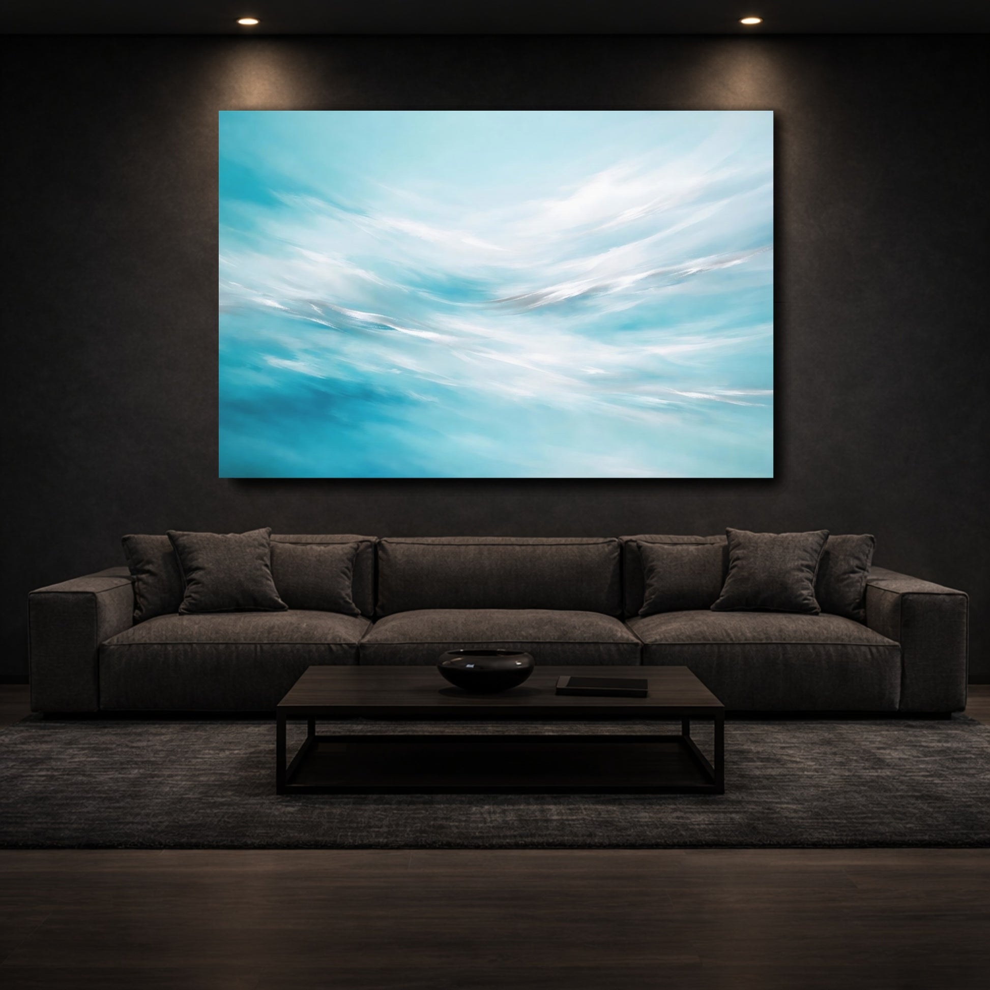 Mockup 2. Nature Abstract Waves Blue And White Abstract shown as stretched canvas wall art