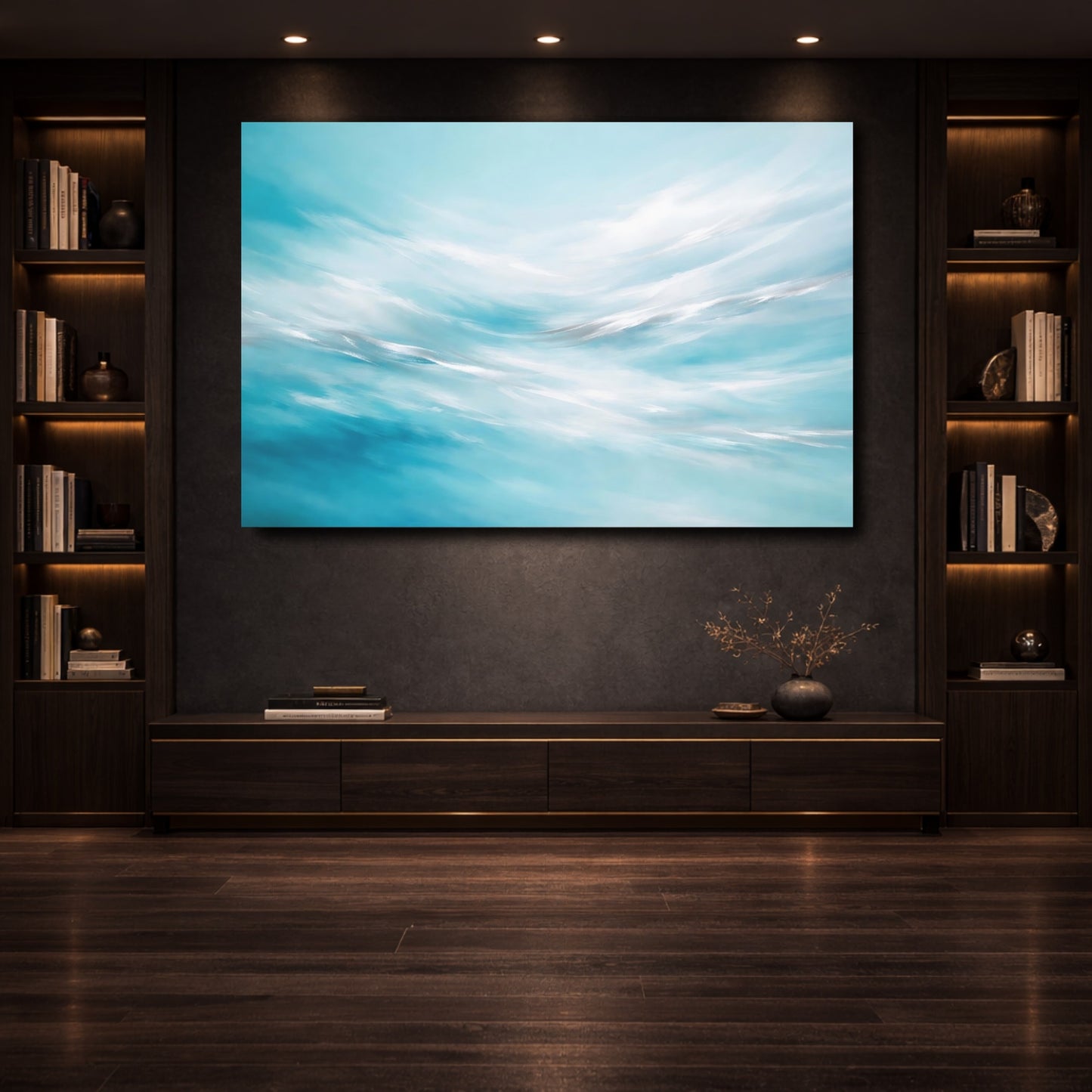 Mockup 3. Nature Abstract Waves Blue And White Abstract shown as stretched canvas wall art