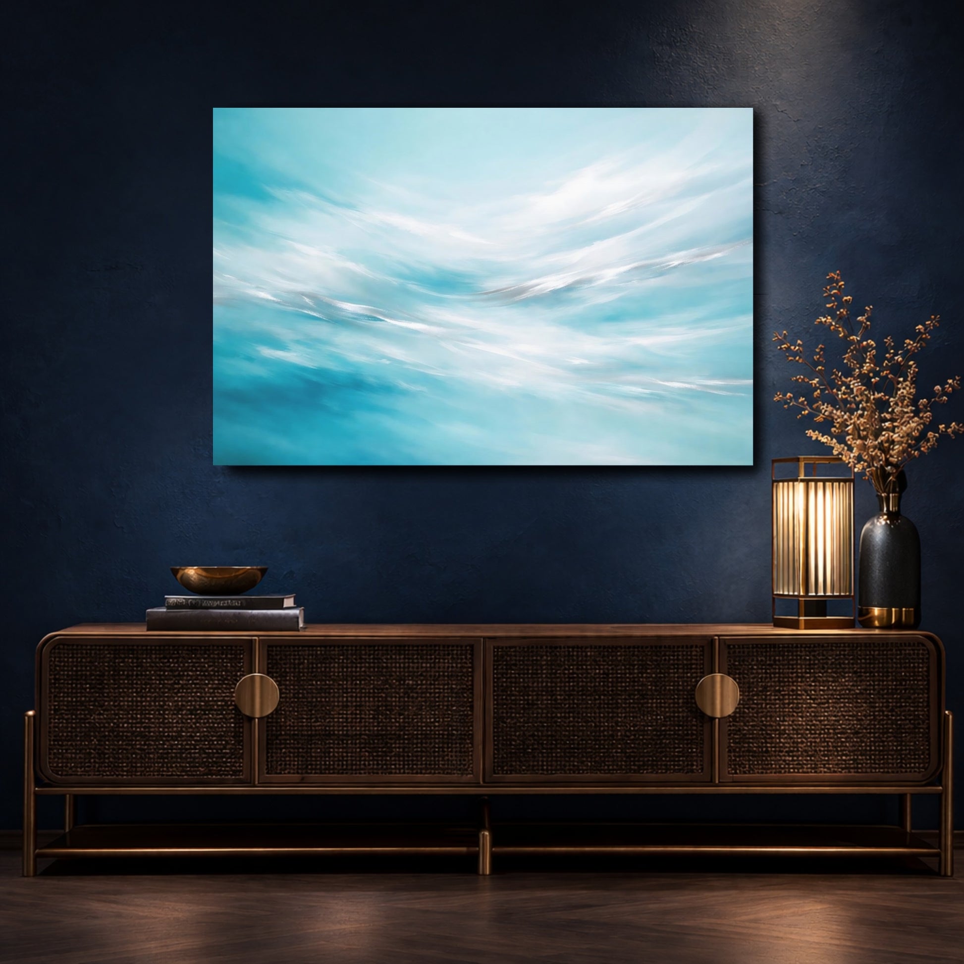 Mockup 4. Nature Abstract Waves Blue And White Abstract shown as stretched canvas wall art
