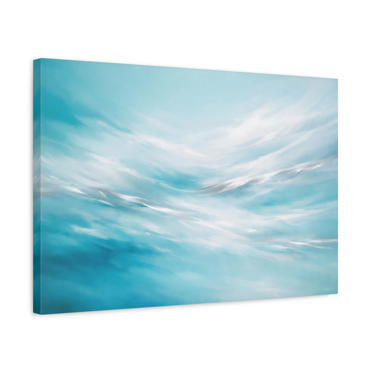 Side Mockup 3. Nature Abstract Waves Blue And White Abstract shown as stretched canvas wall art