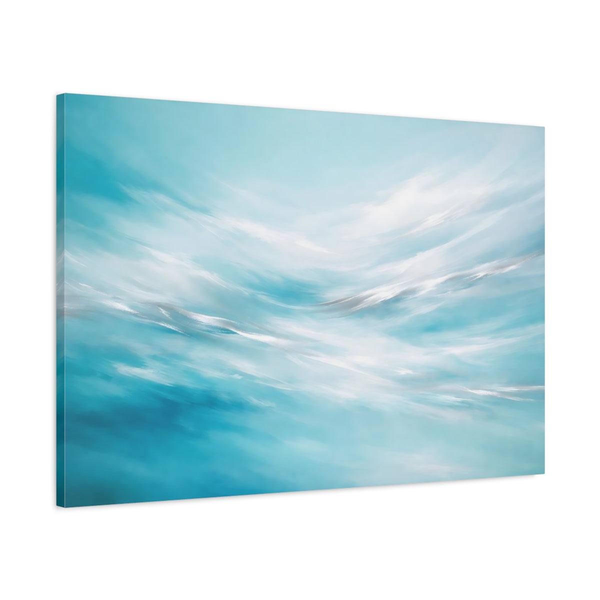 Side Mockup 1. Nature Abstract Waves Blue And White Abstract shown as stretched canvas wall art
