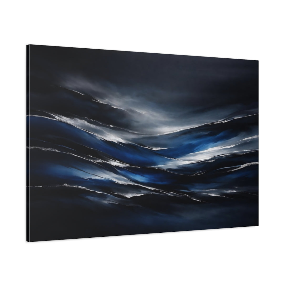 Main Mockup. Nature Abstract Waves Dark Blue Silver shown as stretched canvas wall art