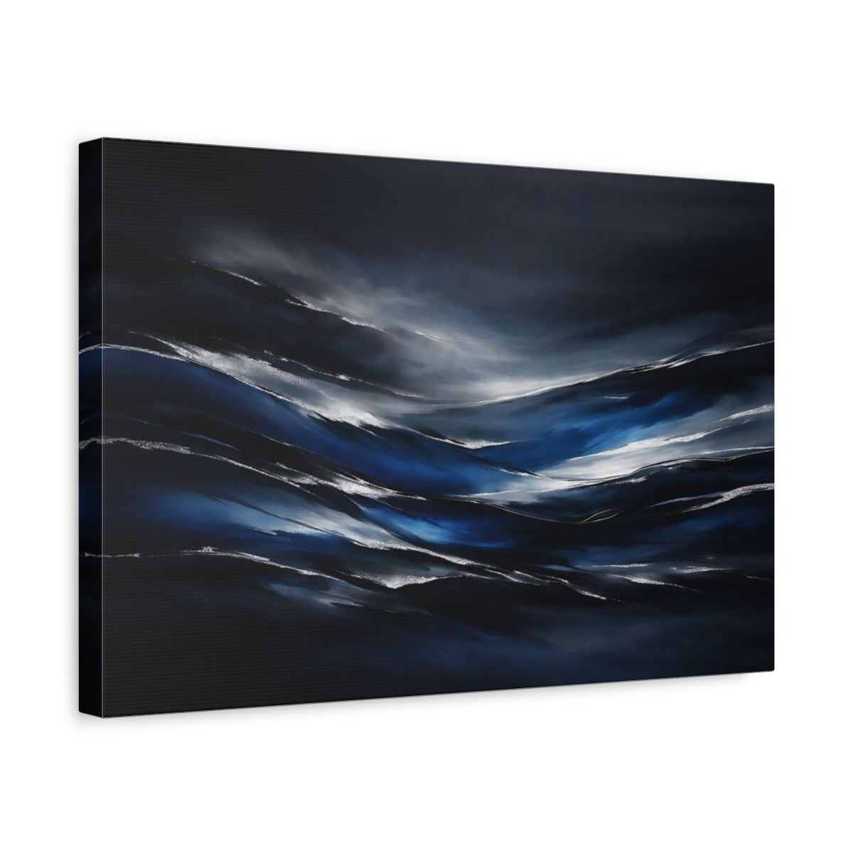 Side Mockup 4. Nature Abstract Waves Dark Blue Silver shown as stretched canvas wall art