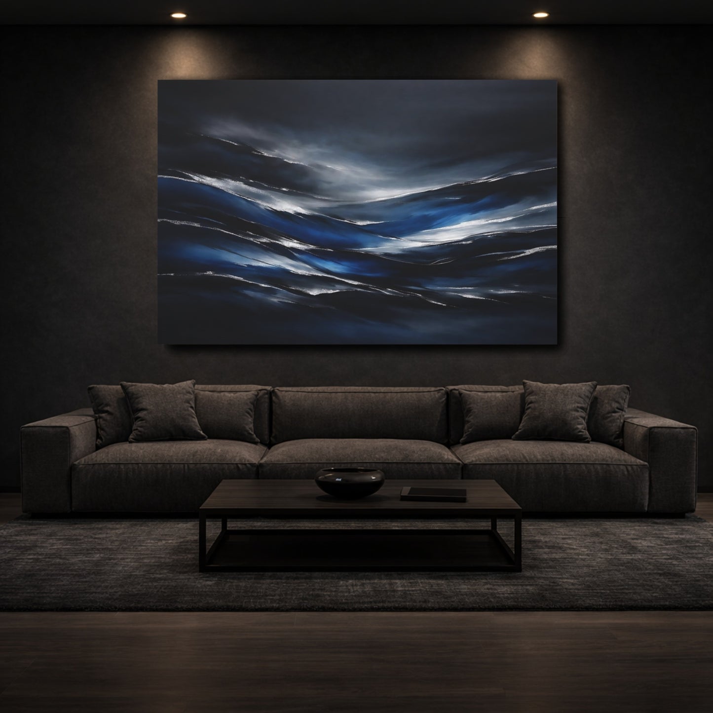 Mockup 2. Nature Abstract Waves Dark Blue Silver shown as stretched canvas wall art