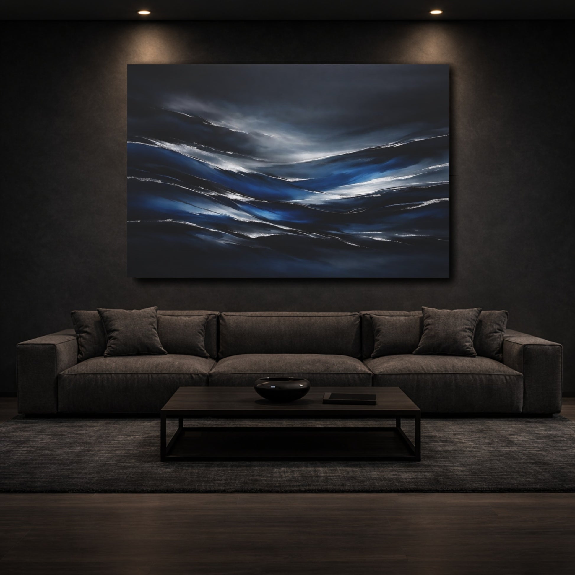 Mockup 2. Nature Abstract Waves Dark Blue Silver shown as stretched canvas wall art