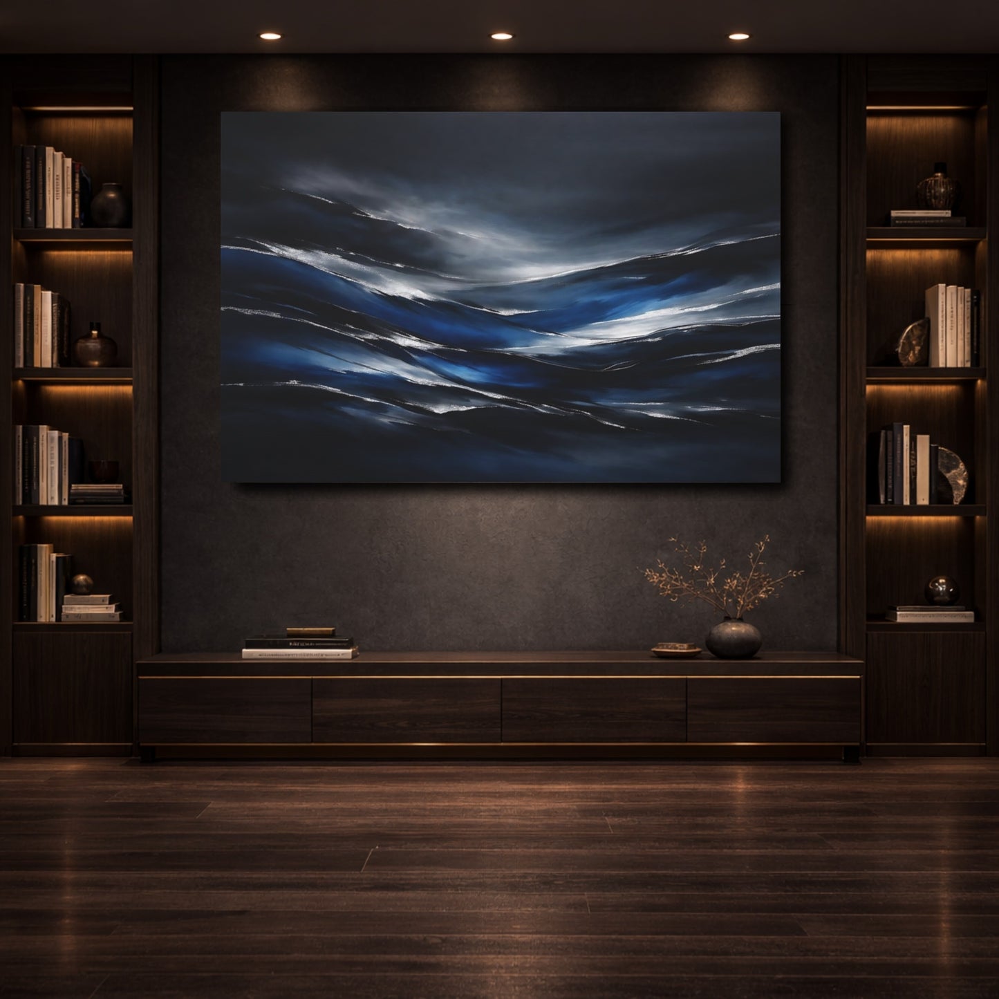 Mockup 3. Nature Abstract Waves Dark Blue Silver shown as stretched canvas wall art