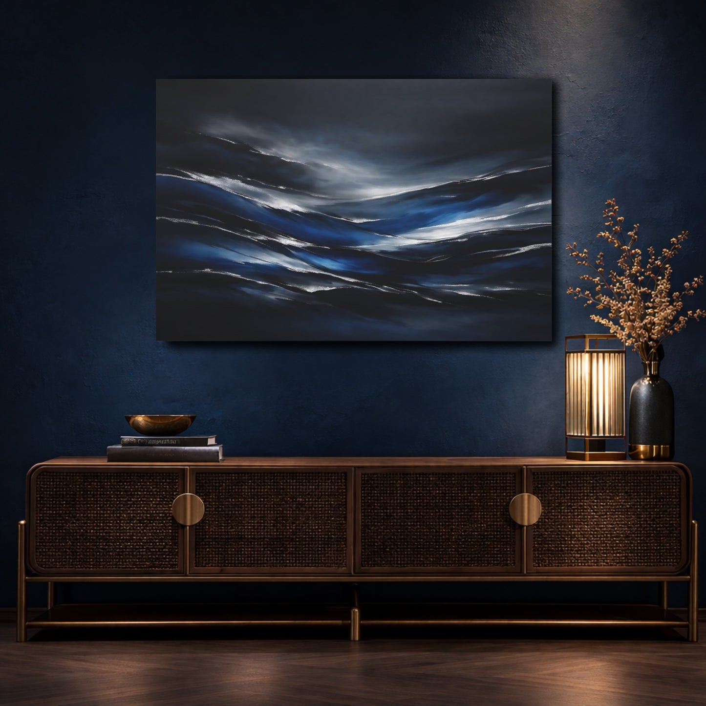Mockup 4. Nature Abstract Waves Dark Blue Silver shown as stretched canvas wall art