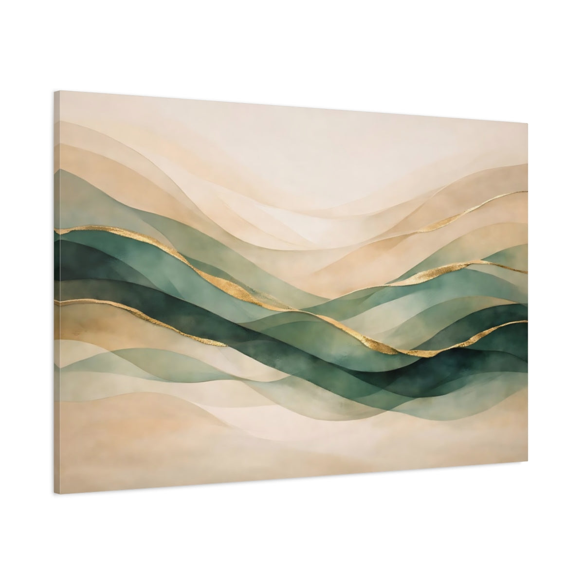 Main Mockup. Nature Abstract Waves Green Gold Abstract shown as stretched canvas wall art