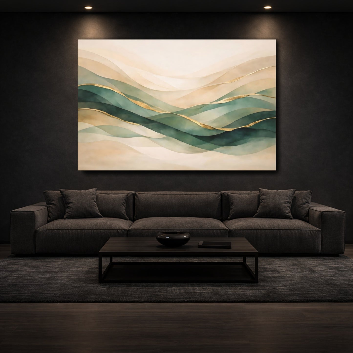 Mockup 2. Nature Abstract Waves Green Gold Abstract shown as stretched canvas wall art