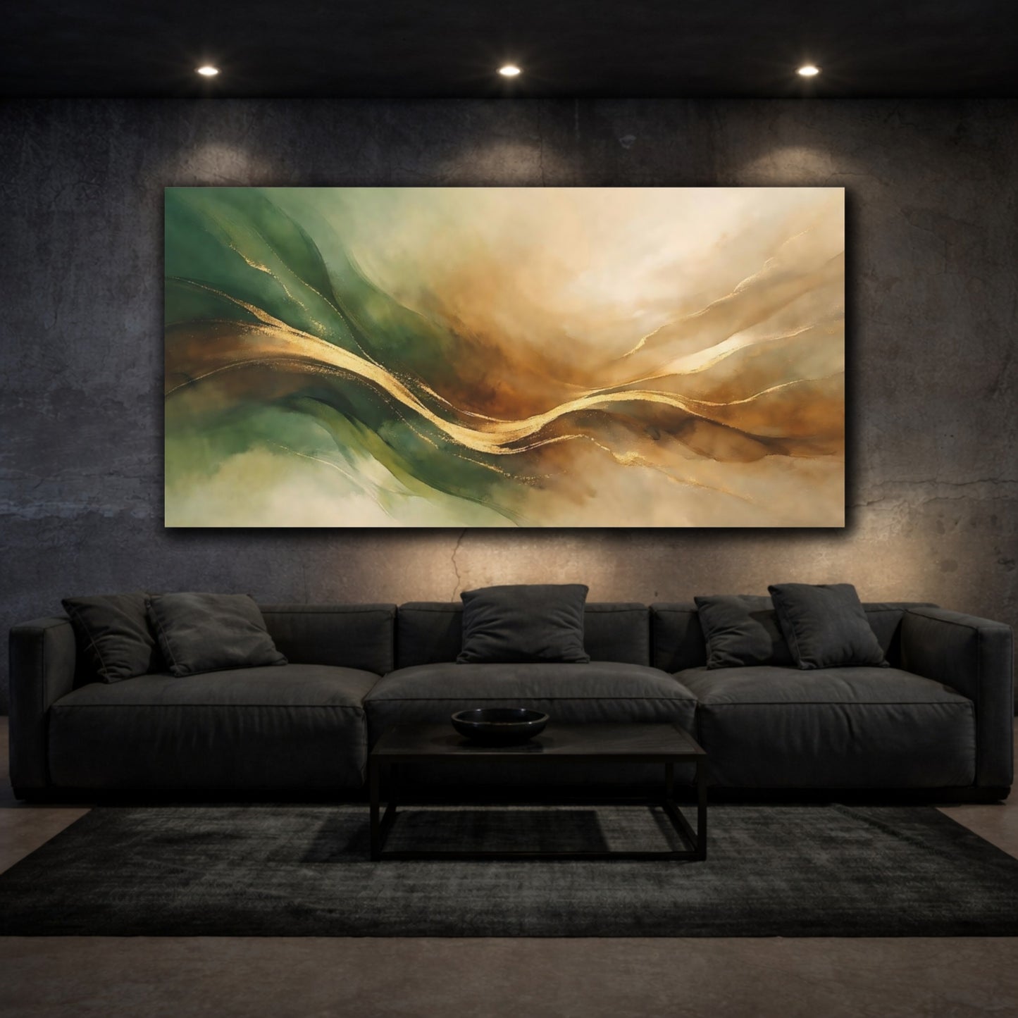Mockup 2. Nature Abstract Waves Green Gold Abstract shown as stretched canvas wall art