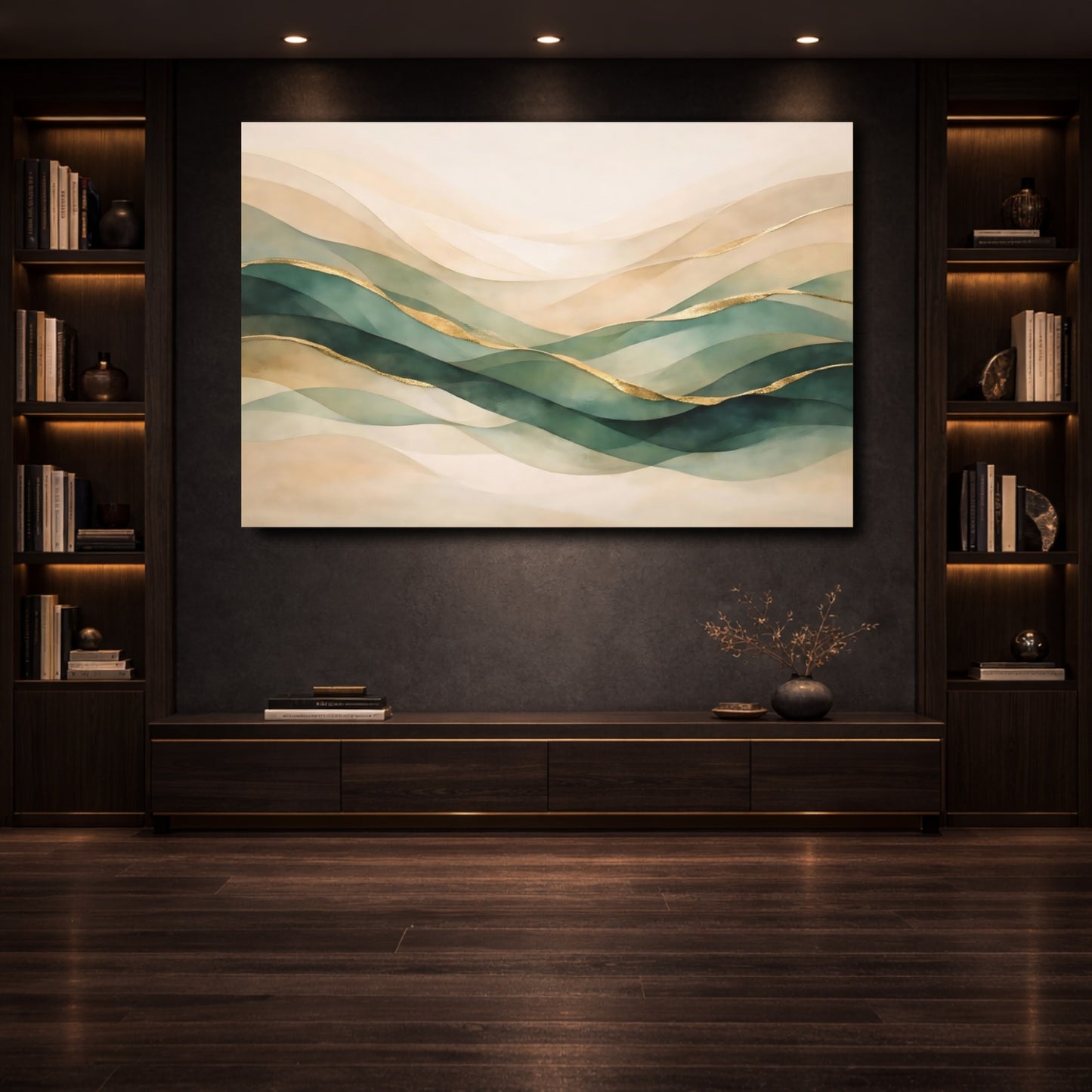 Mockup 3. Nature Abstract Waves Green Gold Abstract shown as stretched canvas wall art