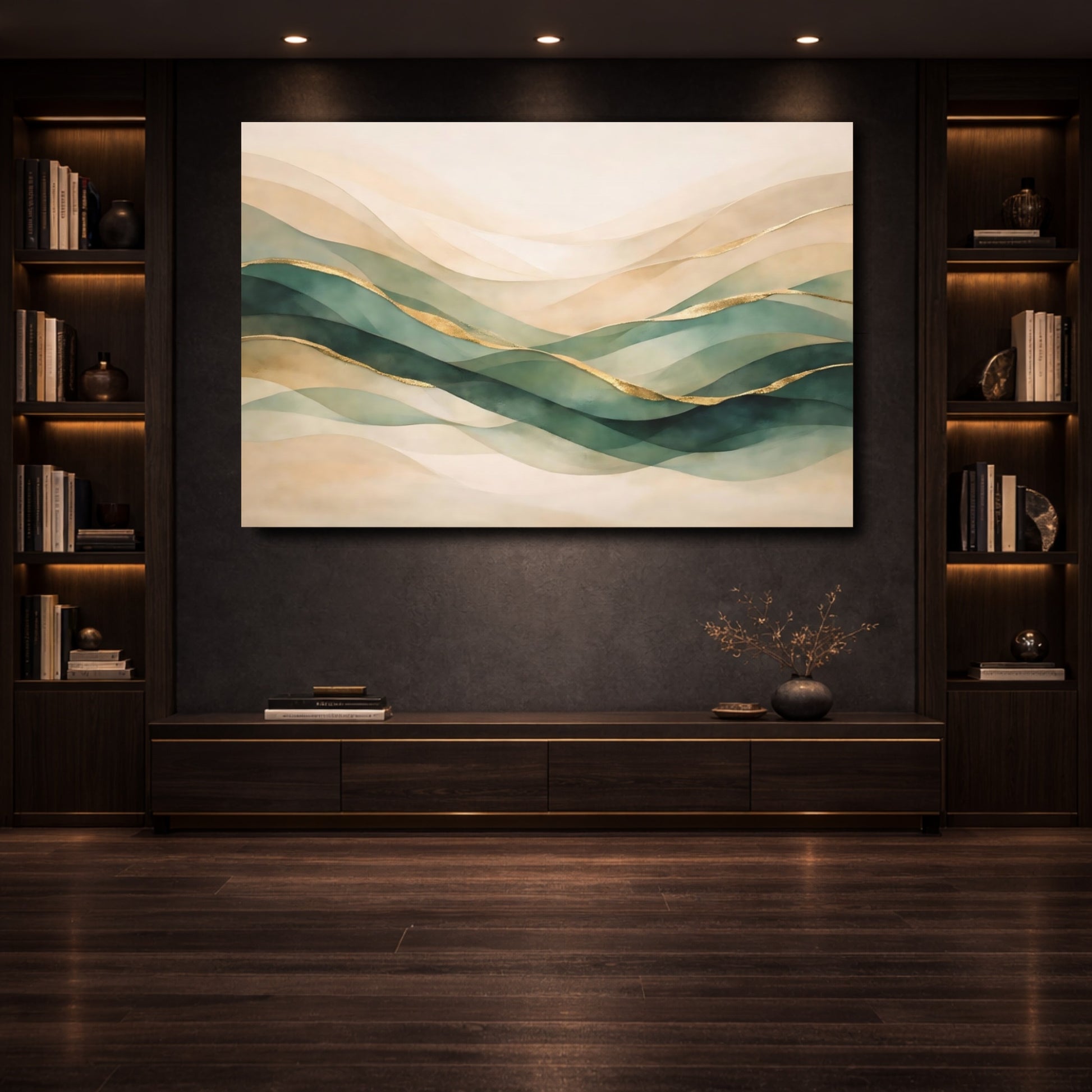 Mockup 3. Nature Abstract Waves Green Gold Abstract shown as stretched canvas wall art