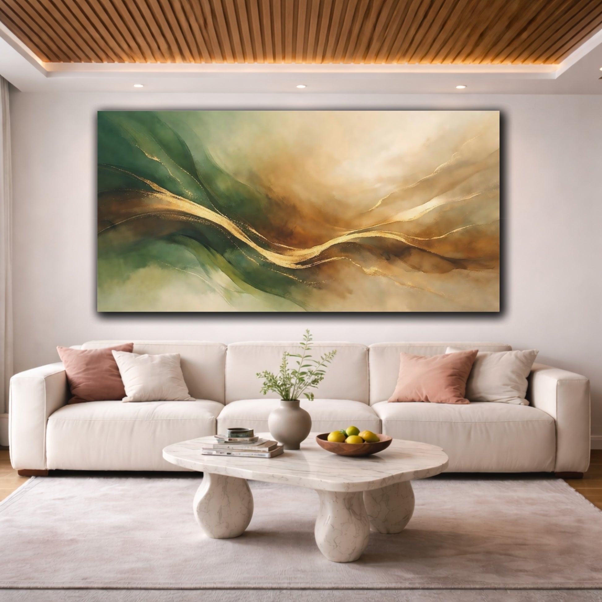 Mockup 3. Nature Abstract Waves Green Gold Abstract shown as stretched canvas wall art