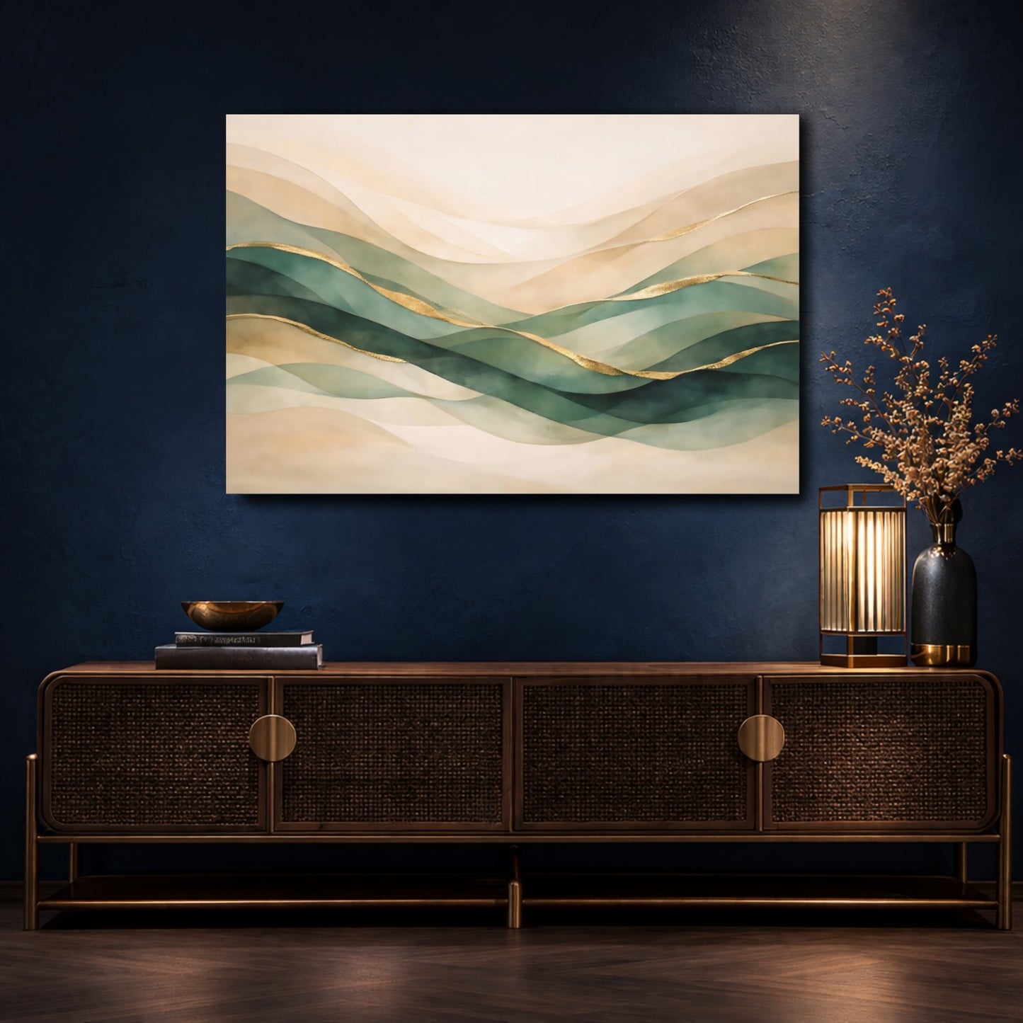 Mockup 4. Nature Abstract Waves Green Gold Abstract shown as stretched canvas wall art