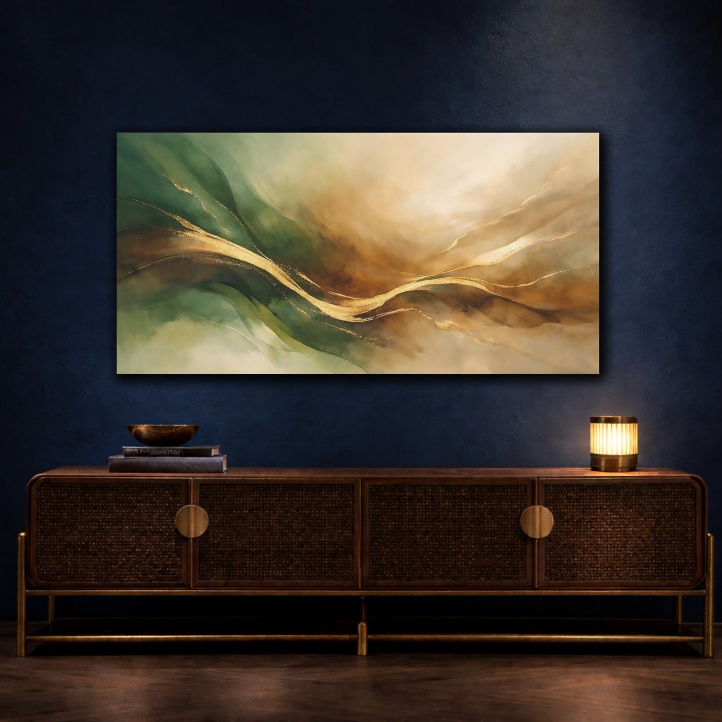 Mockup 4. Nature Abstract Waves Green Gold Abstract shown as stretched canvas wall art