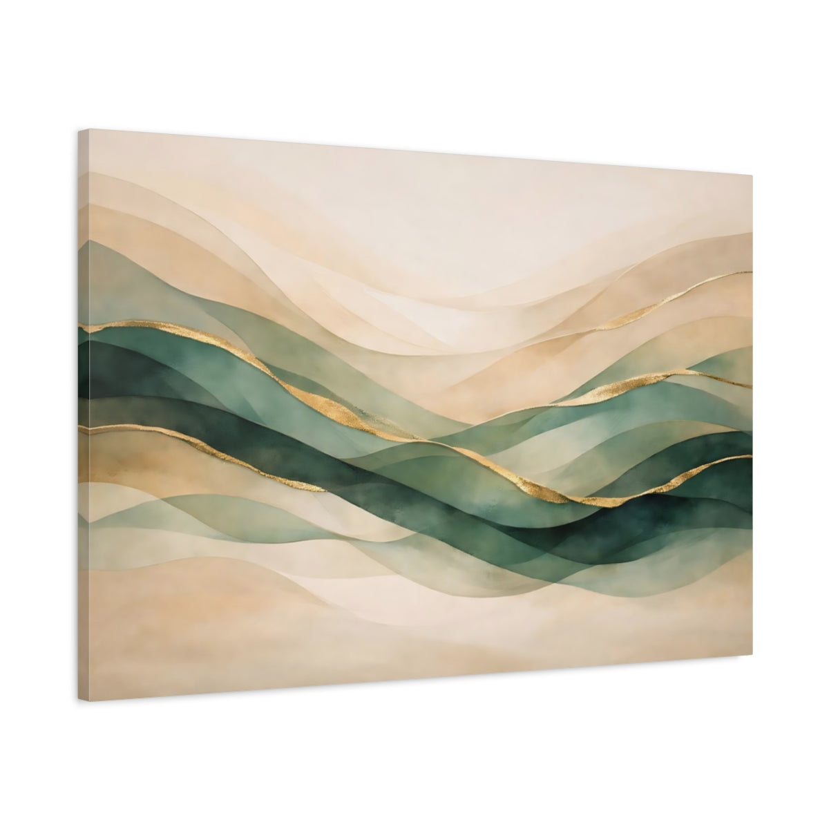 Side Mockup 1. Nature Abstract Waves Green Gold Abstract shown as stretched canvas wall art