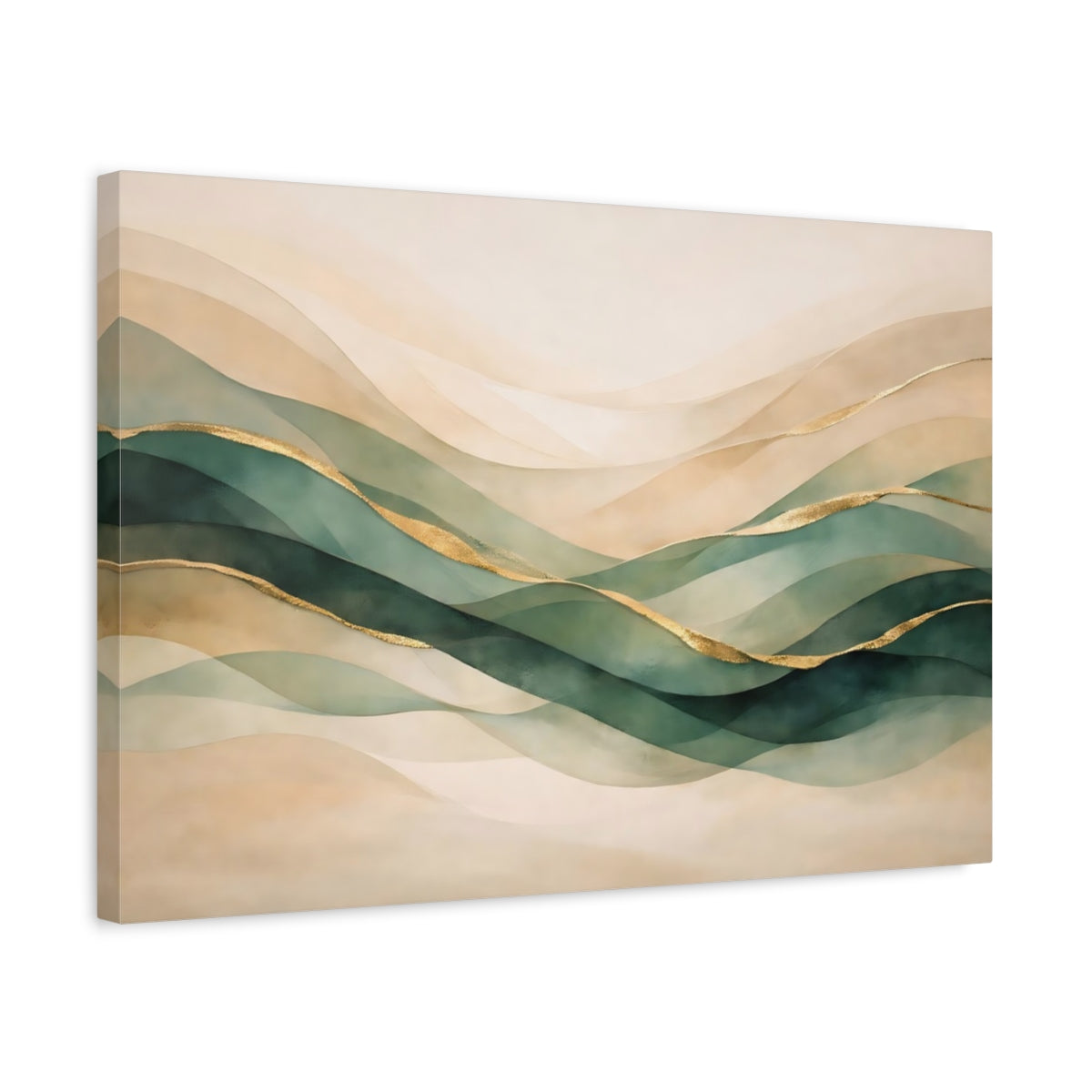 Side Mockup 3. Nature Abstract Waves Green Gold Abstract shown as stretched canvas wall art