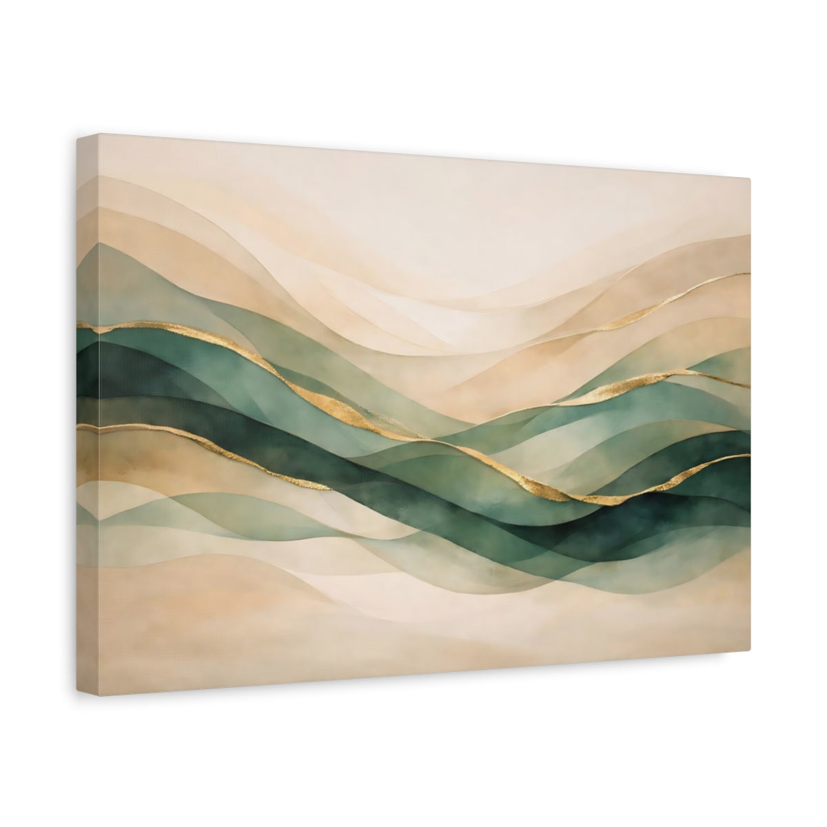 Side Mockup 4. Nature Abstract Waves Green Gold Abstract shown as stretched canvas wall art