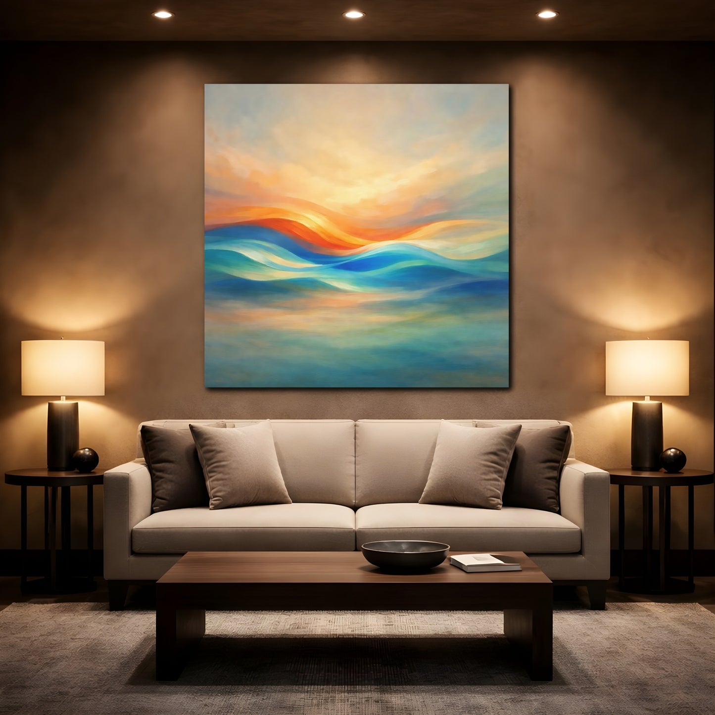 Mockup 2. Nature Abstract Waves Orange Blue Waves shown as stretched canvas wall art