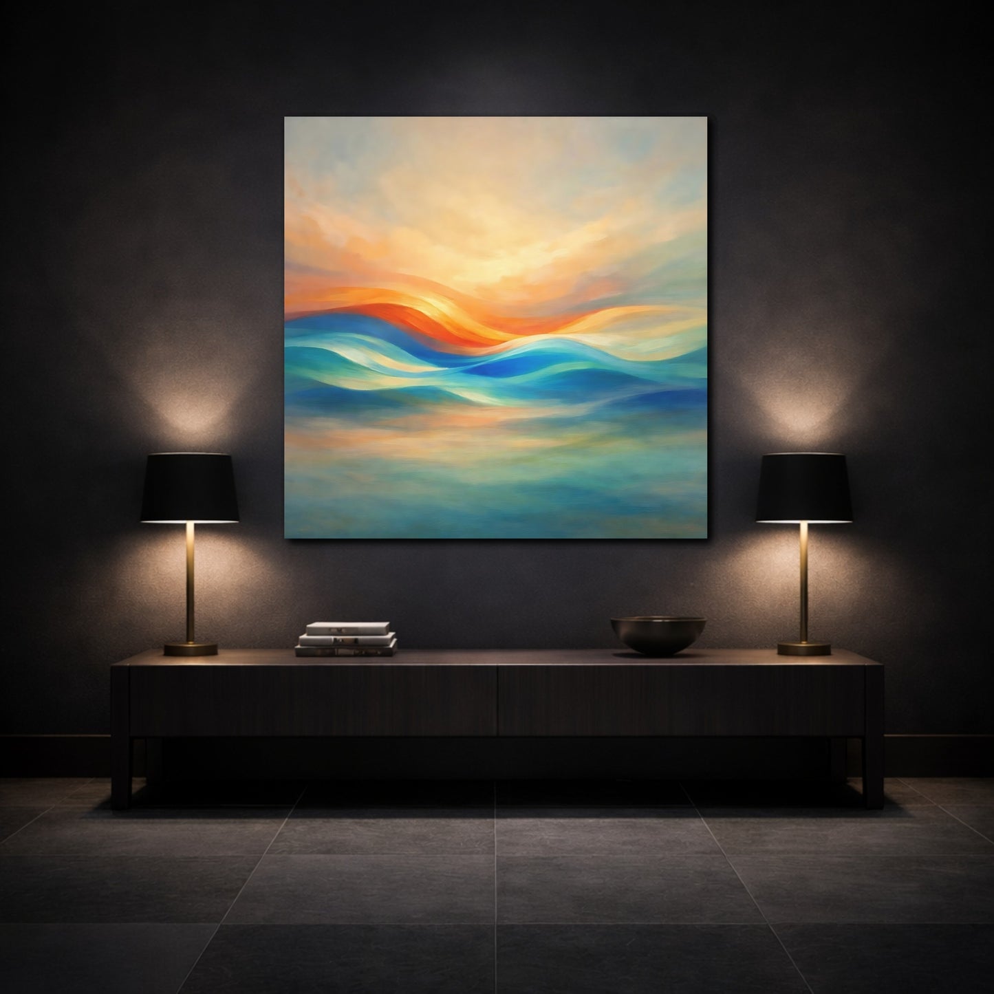 Mockup 3. Nature Abstract Waves Orange Blue Waves shown as stretched canvas wall art