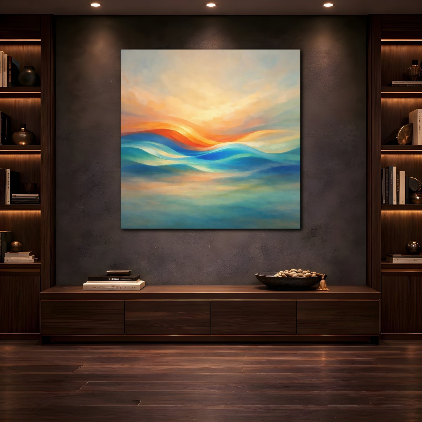 Mockup 4. Nature Abstract Waves Orange Blue Waves shown as stretched canvas wall art