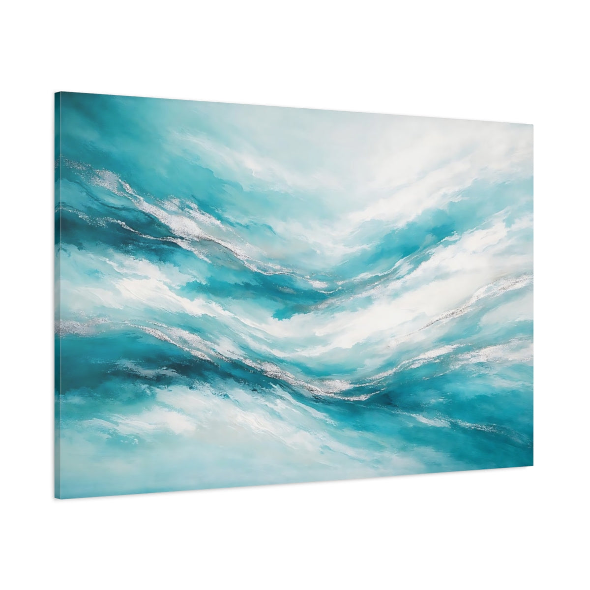Main Mockup. Nature Abstract Waves Teal And Silver shown as stretched canvas wall art