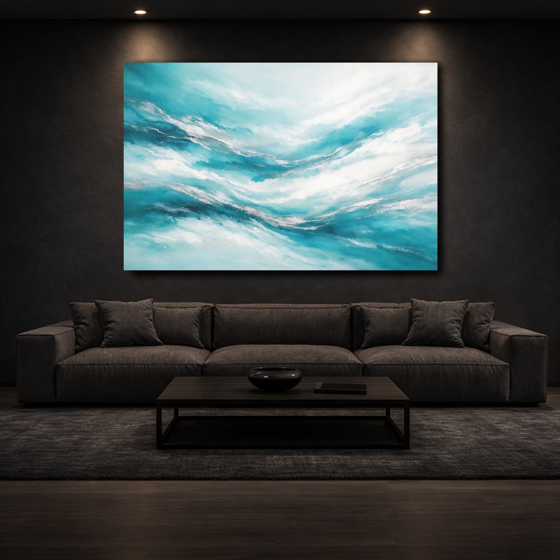 Mockup 2. Nature Abstract Waves Teal And Silver shown as stretched canvas wall art