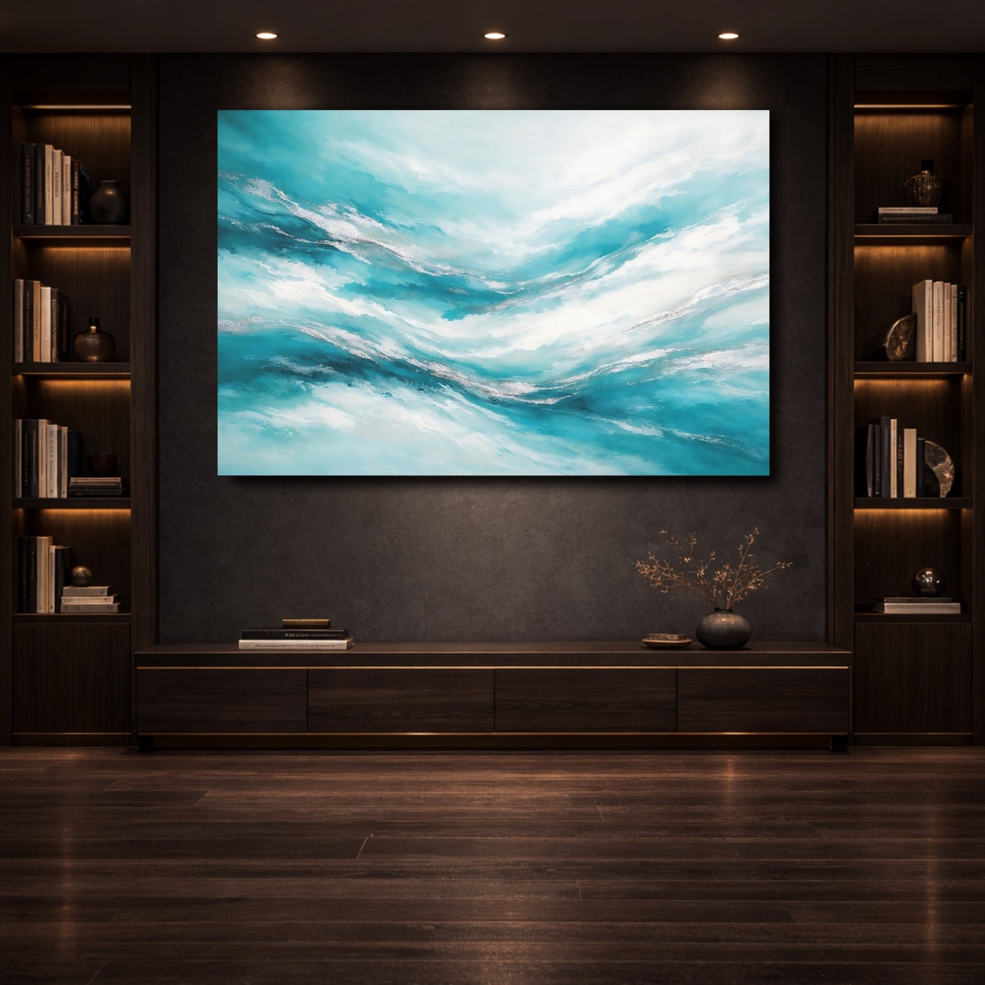 Mockup 3. Nature Abstract Waves Teal And Silver shown as stretched canvas wall art