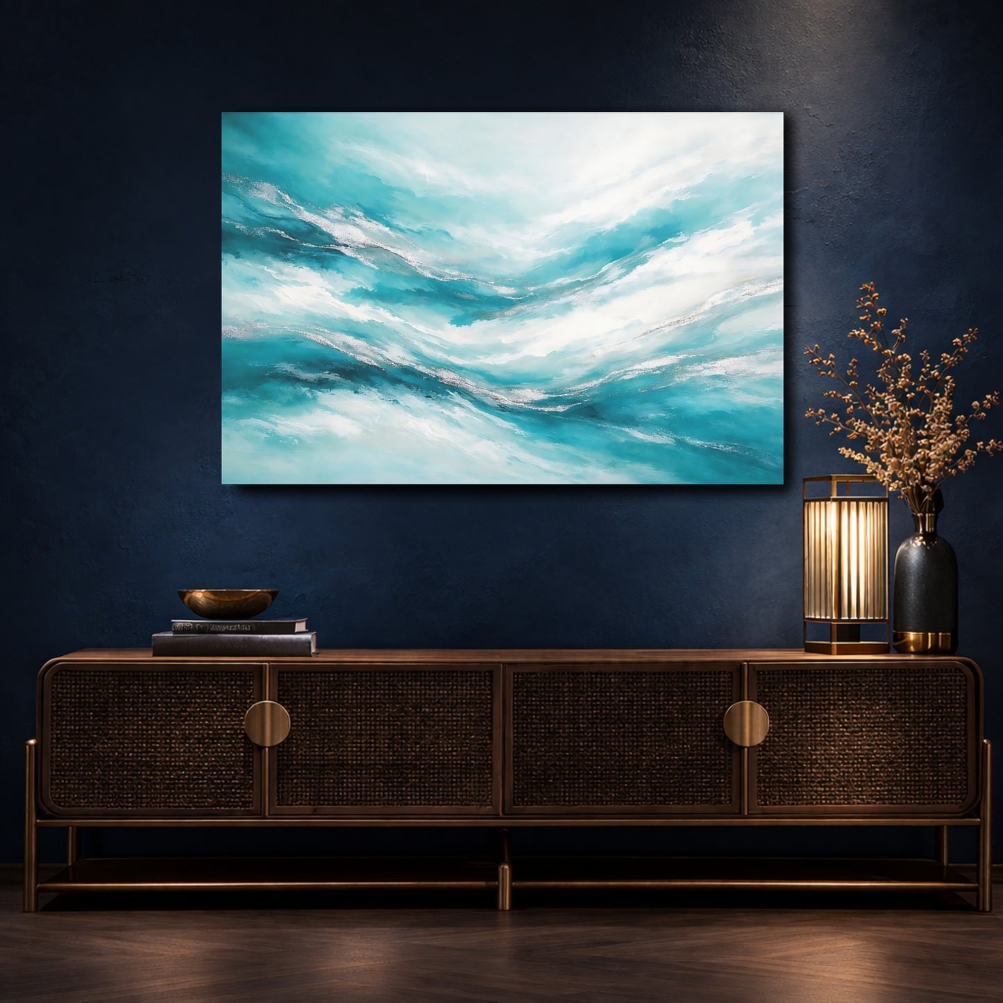 Mockup 4. Nature Abstract Waves Teal And Silver shown as stretched canvas wall art