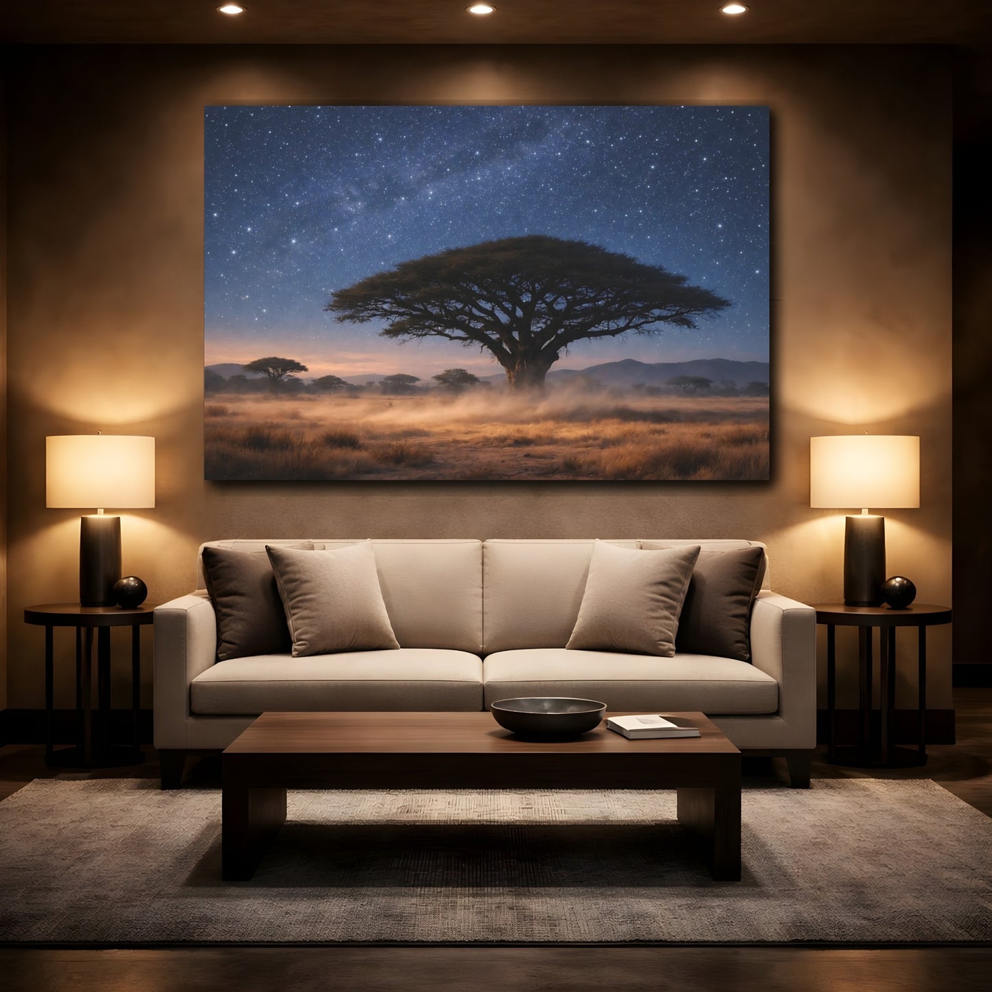 Mockup 2. Nature Acacia Tree Blue And Brown shown as stretched canvas wall art
