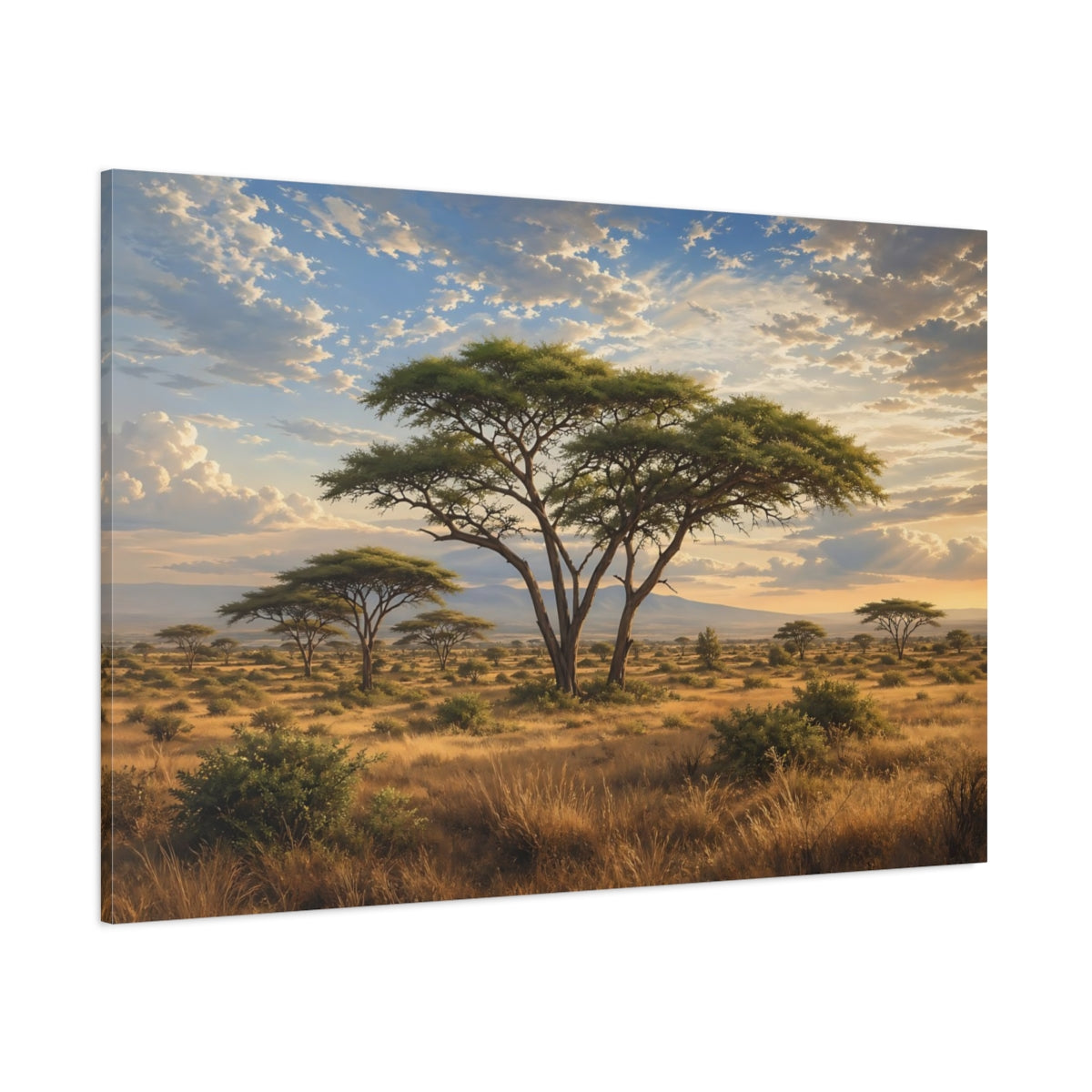 Side Mockup 1. Nature Acacia Tree Golden Savanna shown as stretched canvas wall art