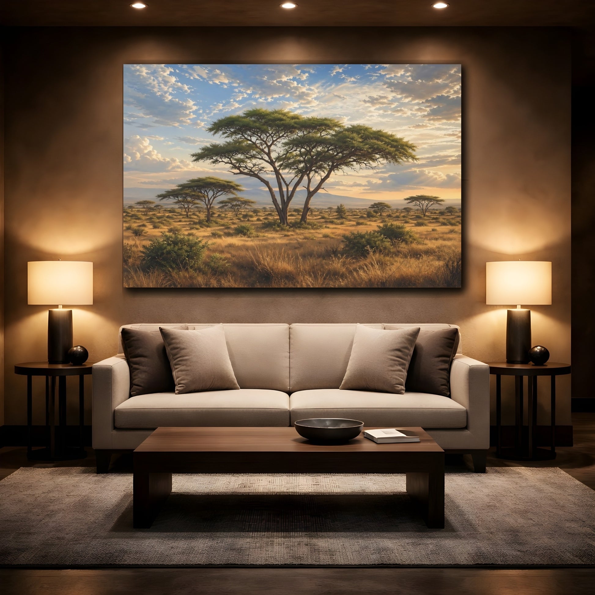 Mockup 2. Nature Acacia Tree Golden Savanna shown as stretched canvas wall art