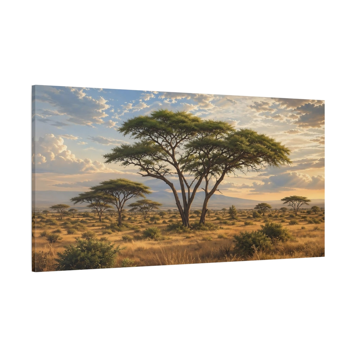 Side Mockup 2. Nature Acacia Tree Savanna Sunset shown as stretched canvas wall art