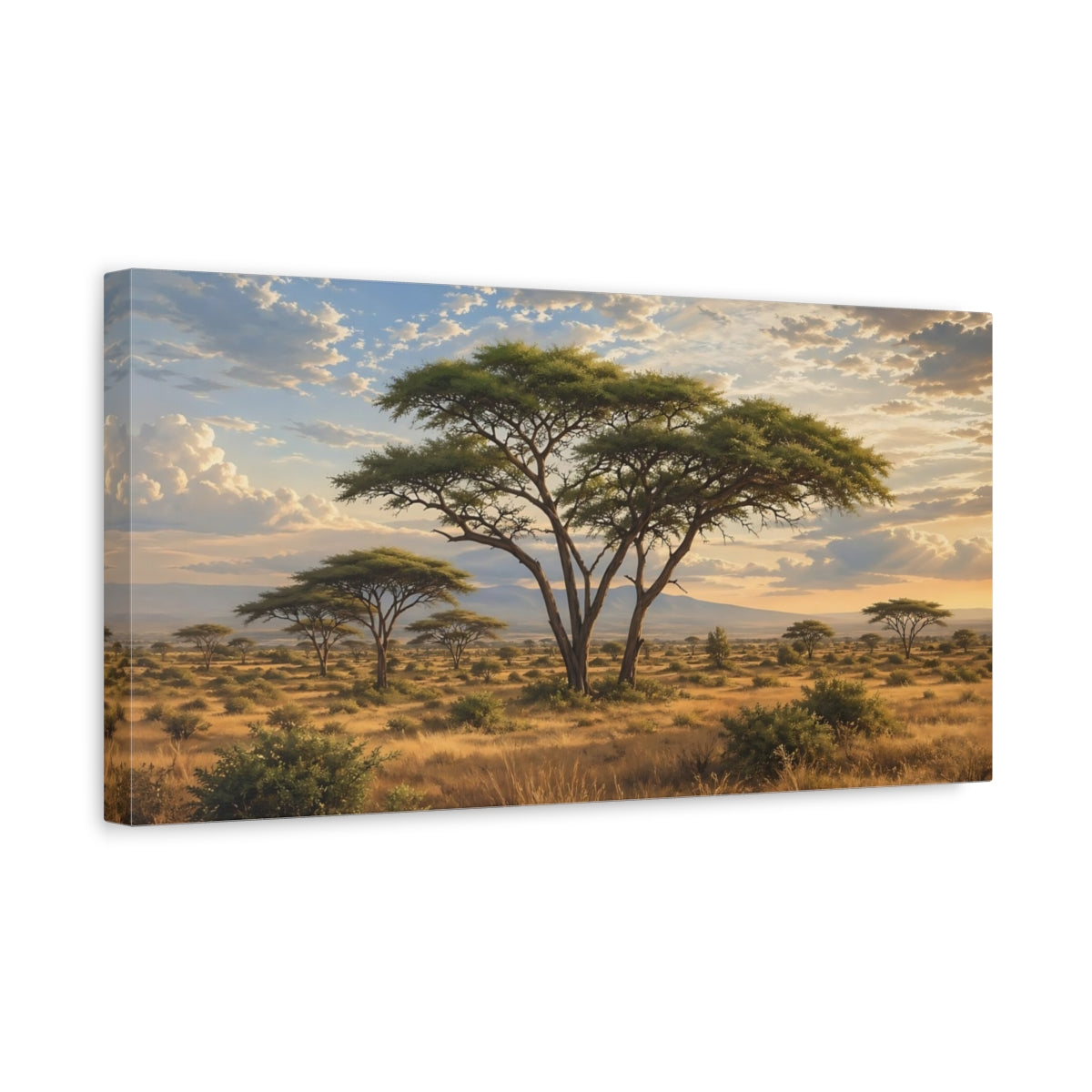 Side Mockup 3. Nature Acacia Tree Savanna Sunset shown as stretched canvas wall art