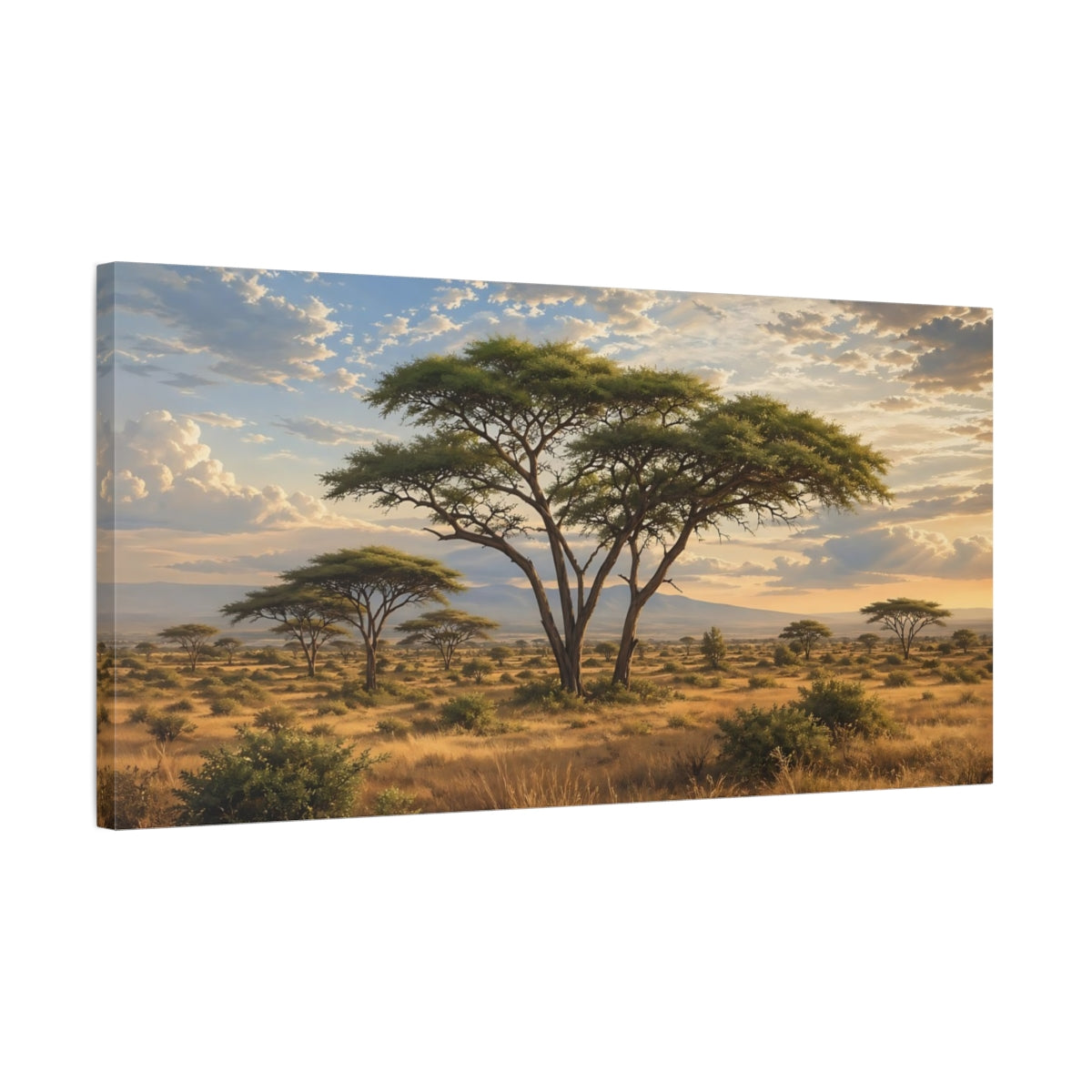 Side Mockup 1. Nature Acacia Tree Savanna Sunset shown as stretched canvas wall art