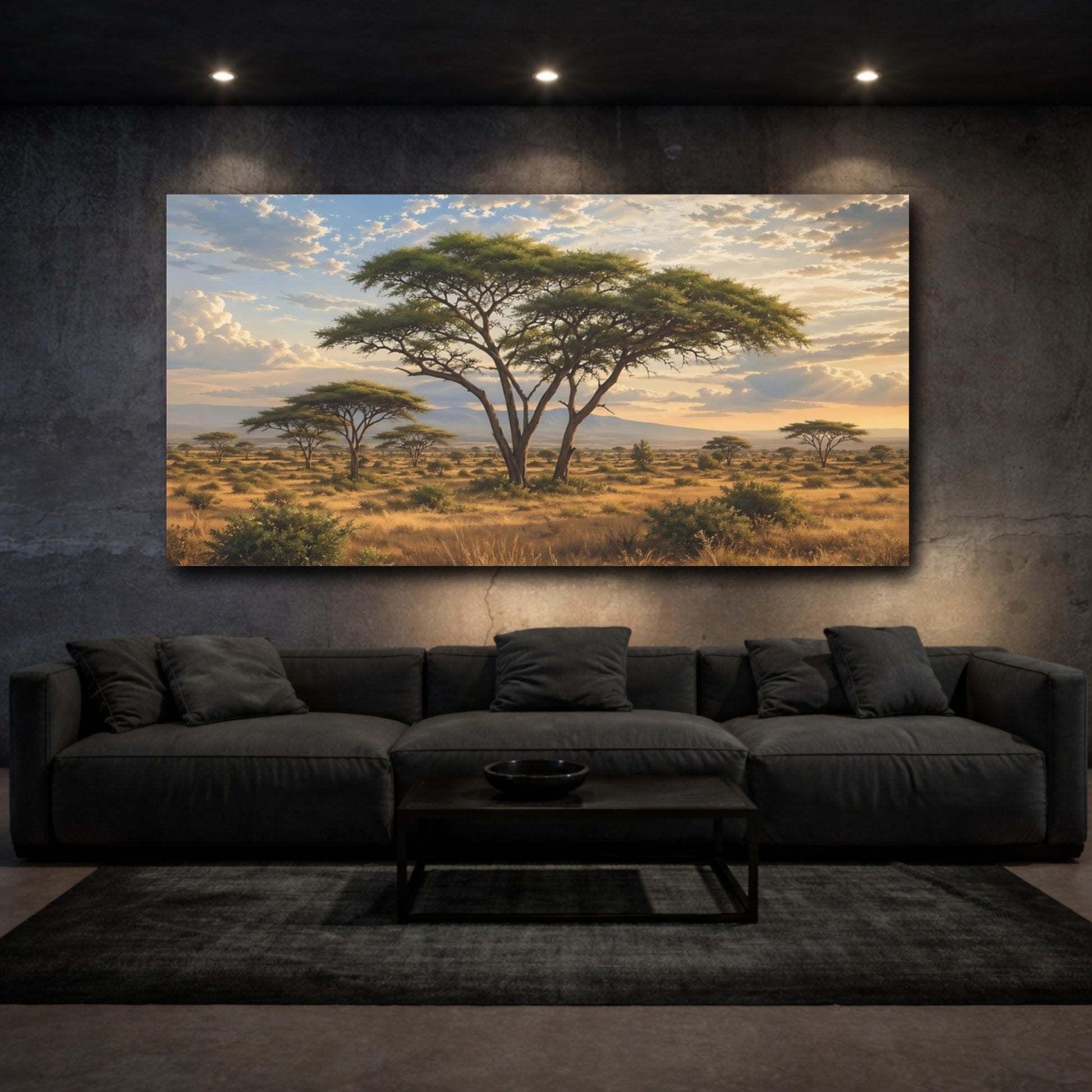 Mockup 2. Nature Acacia Tree Savanna Sunset shown as stretched canvas wall art