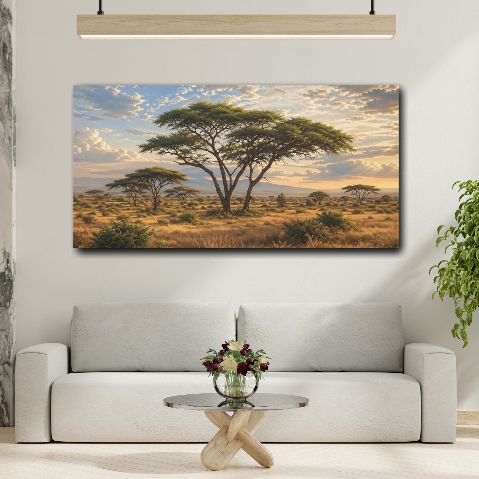 Mockup 3. Nature Acacia Tree Savanna Sunset shown as stretched canvas wall art