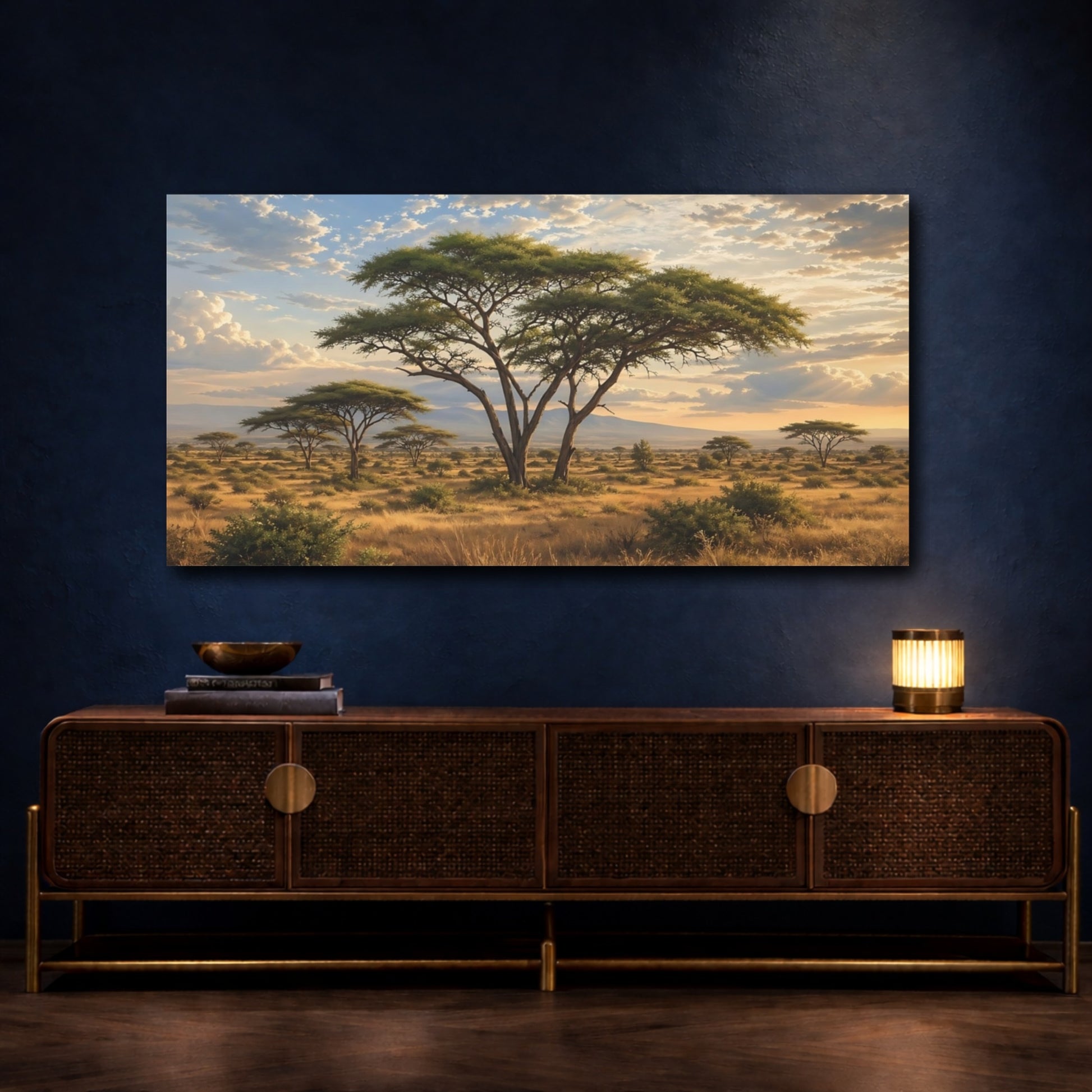 Mockup 4. Nature Acacia Tree Savanna Sunset shown as stretched canvas wall art