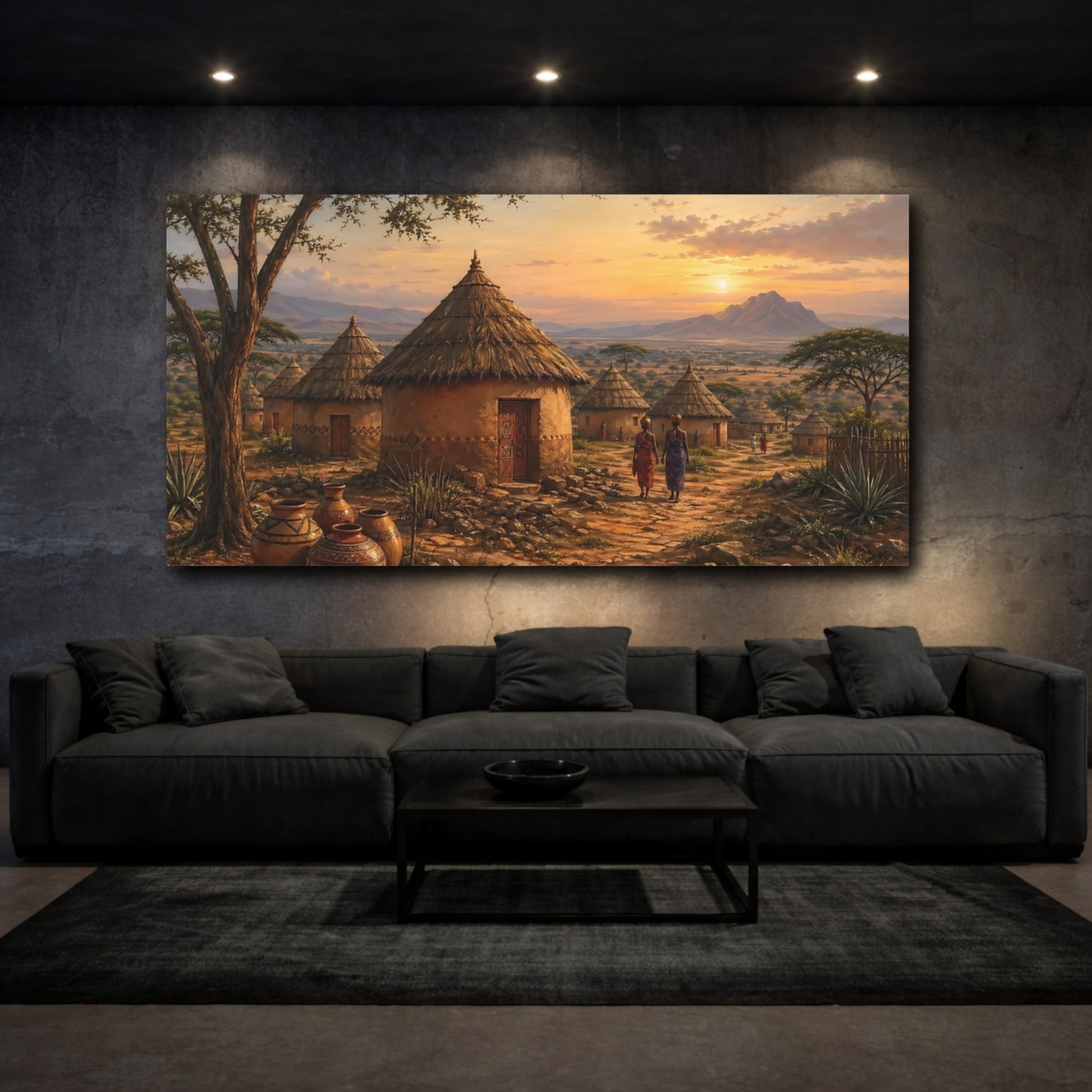 Mockup 2. Nature African Village African Village Sunset shown as stretched canvas wall art